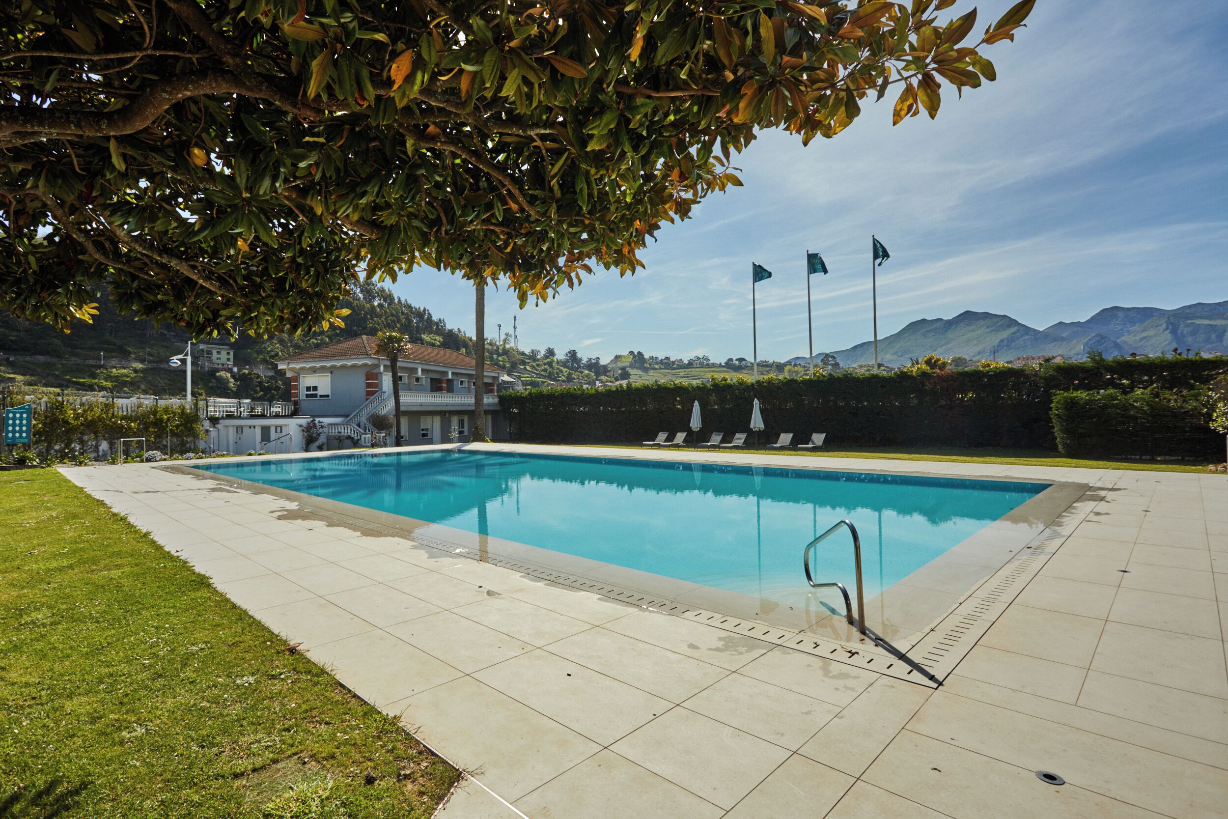 A rectangular swimming pool with a tiled deck, surrounded by a grassy area and a hedge. There are flags on poles in the background, and a building with a red roof is visible in the distance.