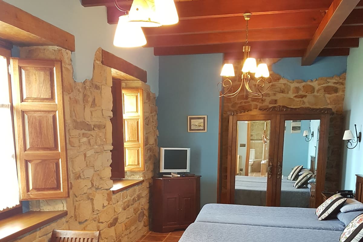 A bedroom with a stone wall, wooden beams, a bed with a blue bedspread, a wooden chair, a TV, and a mirror.