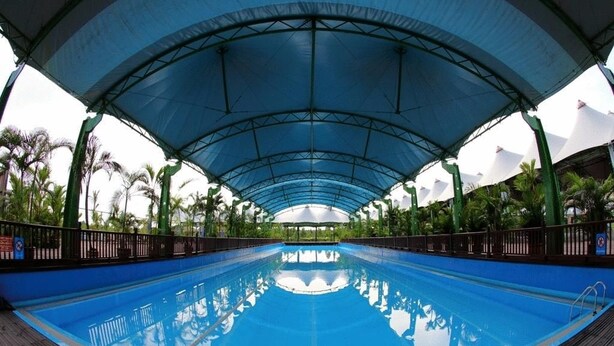 Piscina azul cristalina com toldo sobre a cabeça, cercada por palmeiras e um deck de madeira.
