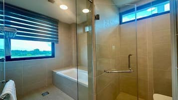 A modern bathroom with a glass-enclosed shower, a bathtub, and a toilet.