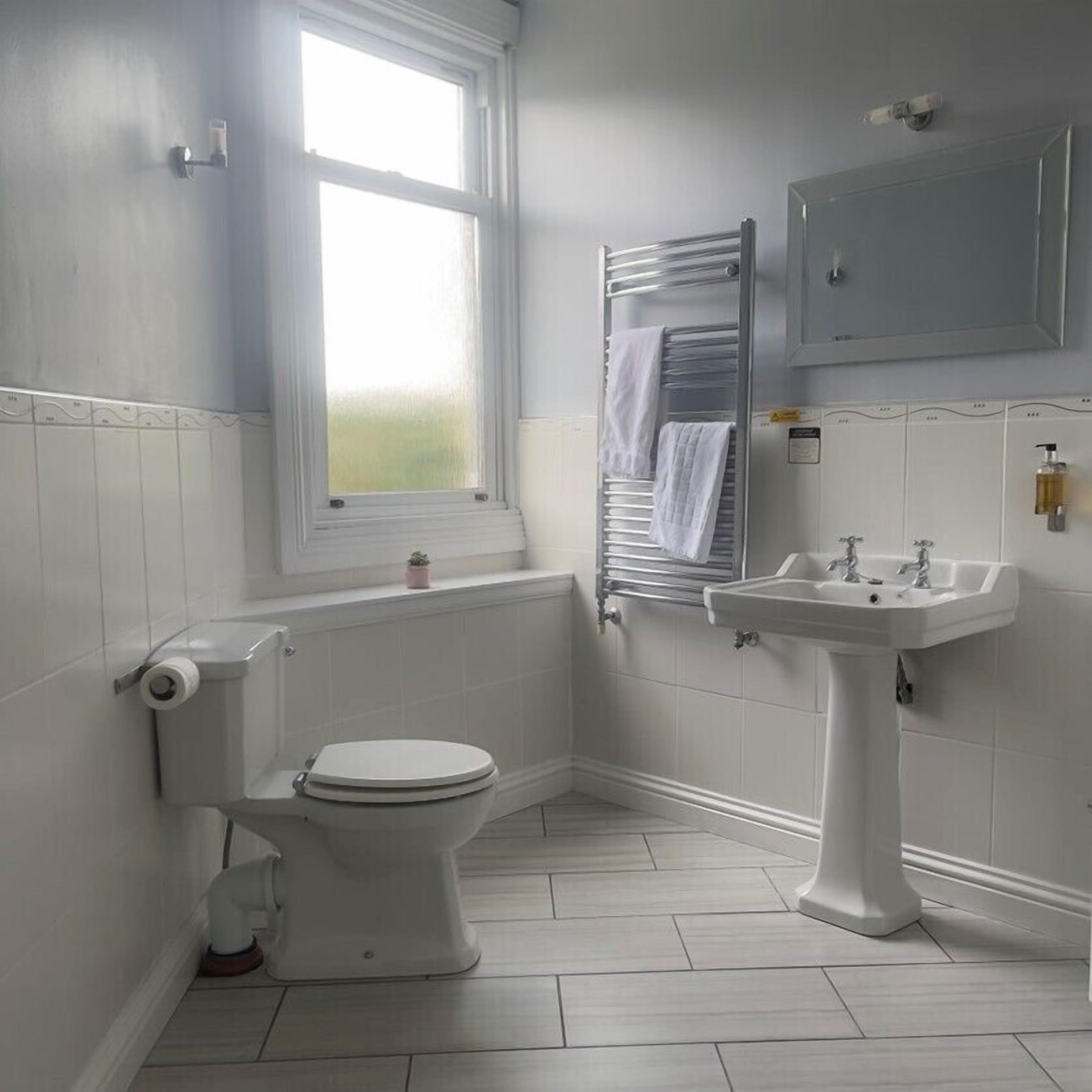 Un baño con inodoro, lavamanos, toallero y ventana.