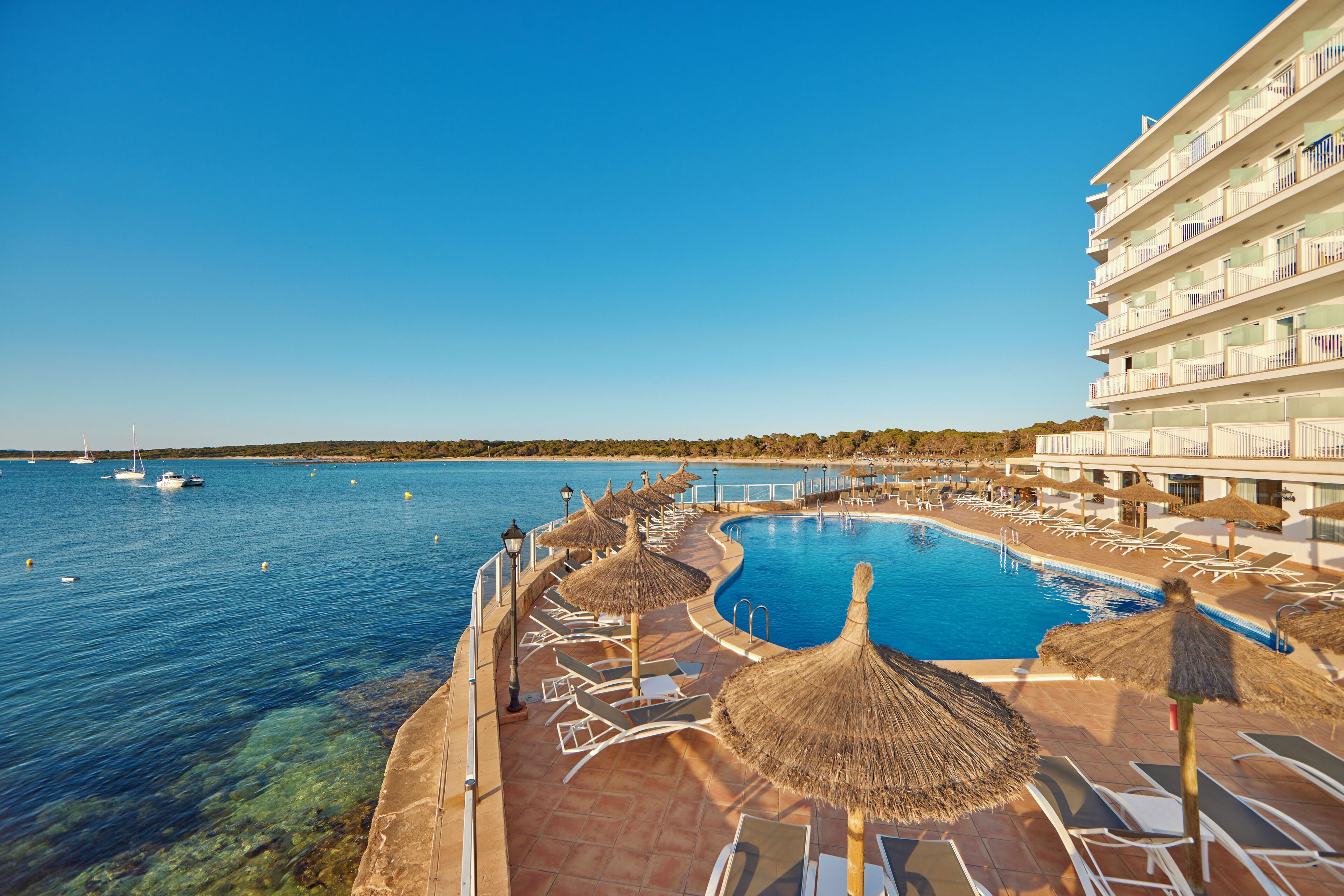 A pool area with lounge chairs and umbrellas, a clear blue pool, and a view of the sea.
