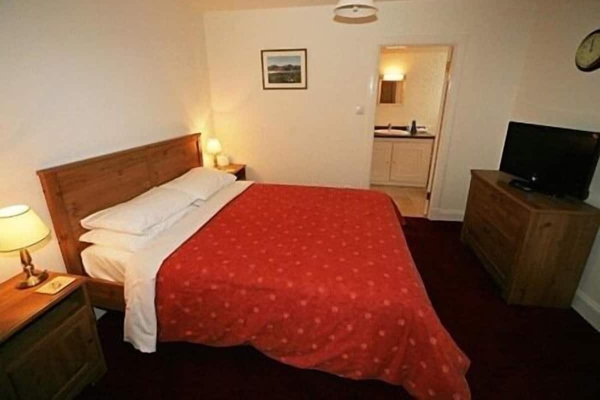 Un dormitorio con cama, mesita de noche, cómoda, televisor y puerta que da a un baño.