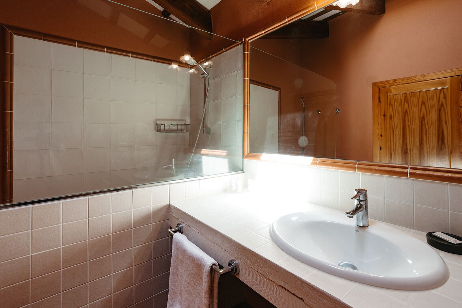 Een badkamer met een witte wastafel, een spiegel en een douche.