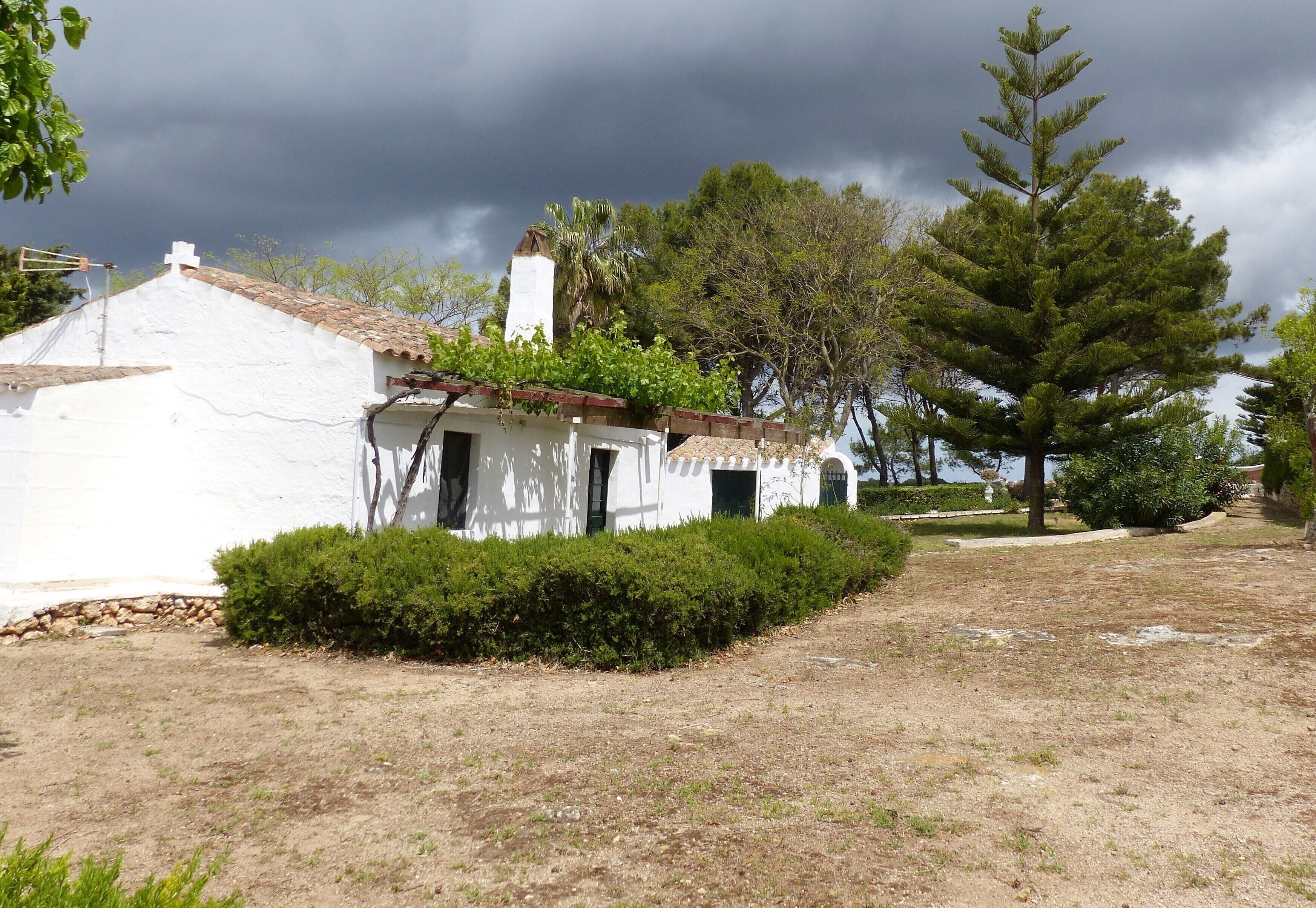 A white building with a tiled roof, surrounded by a well-maintained garden and a large tree.