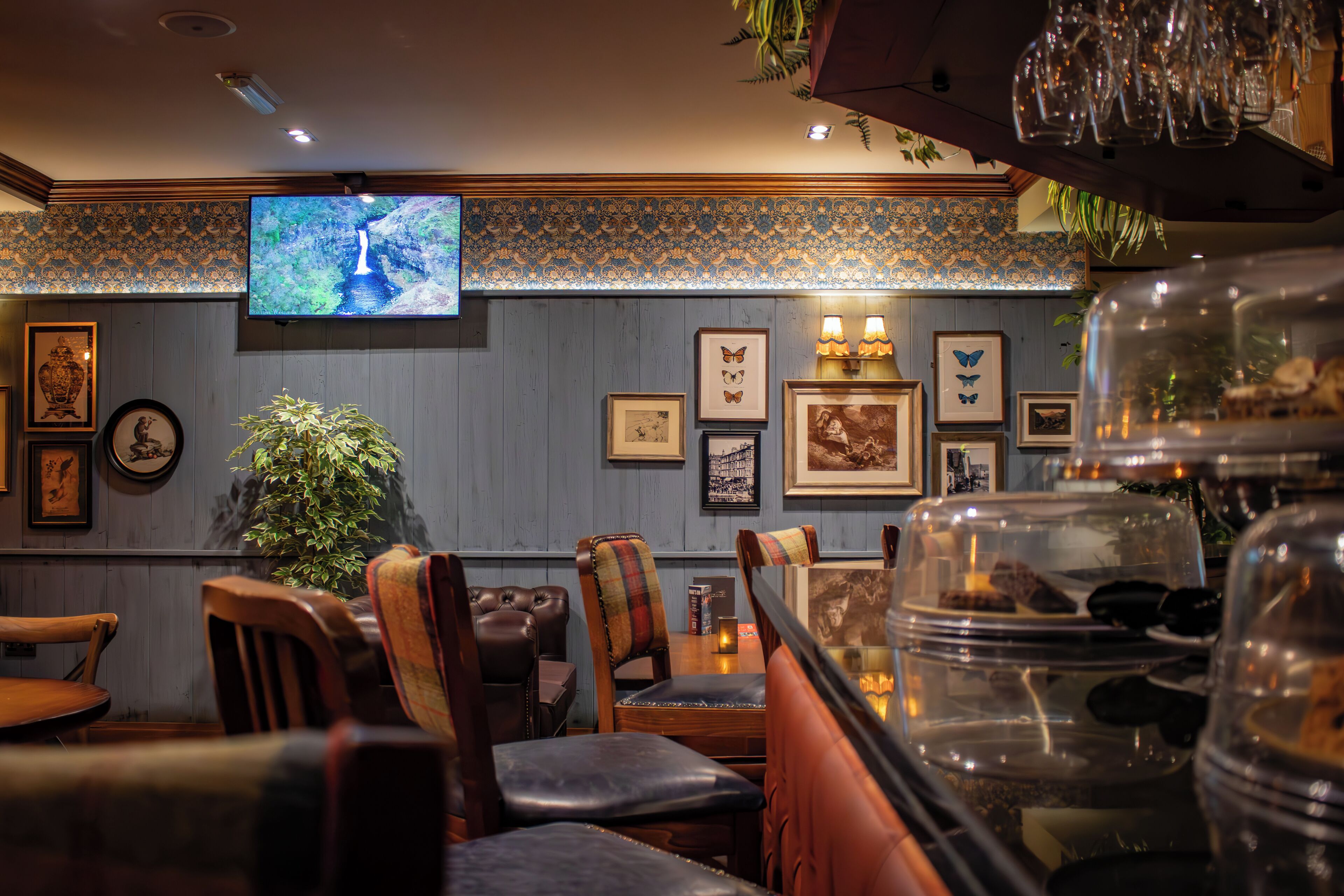 A restaurant interior with wooden chairs, a television on the wall, framed pictures, and a plant.