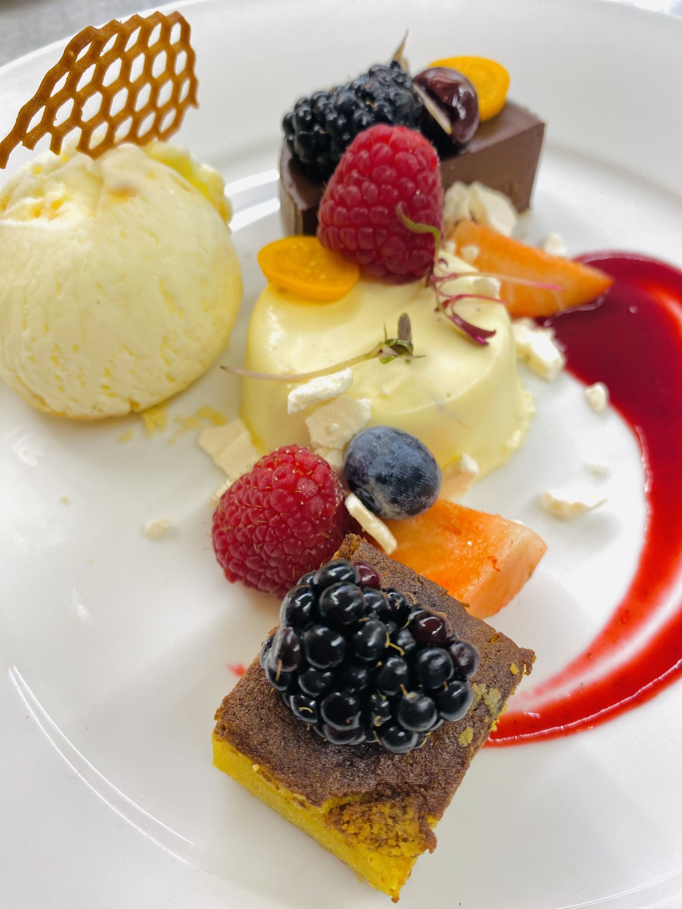 A dessert plate with various fruits and a scoop of ice cream.