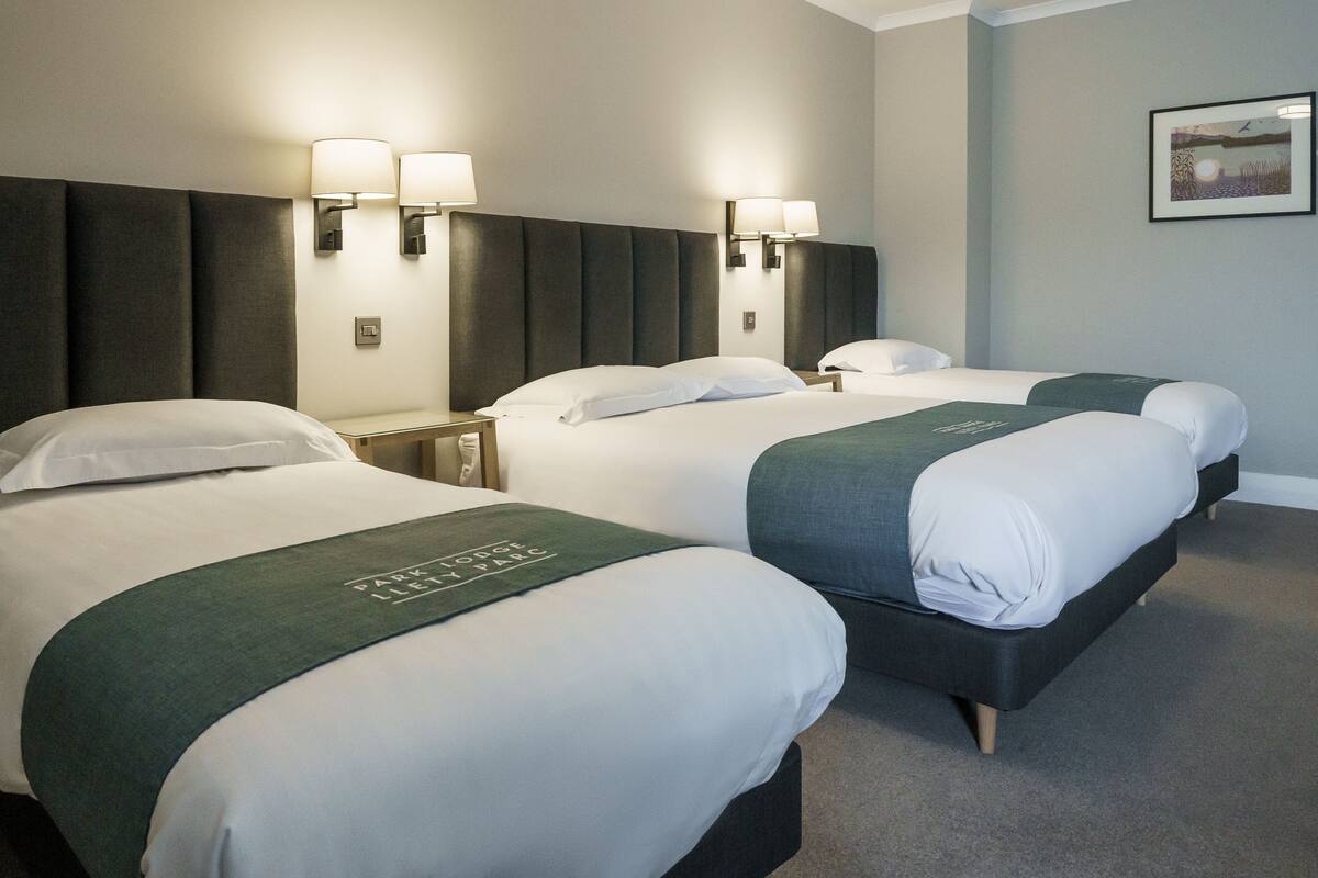 A hotel room with two beds, a dark headboard, bedside lamps, and a framed picture on the wall.