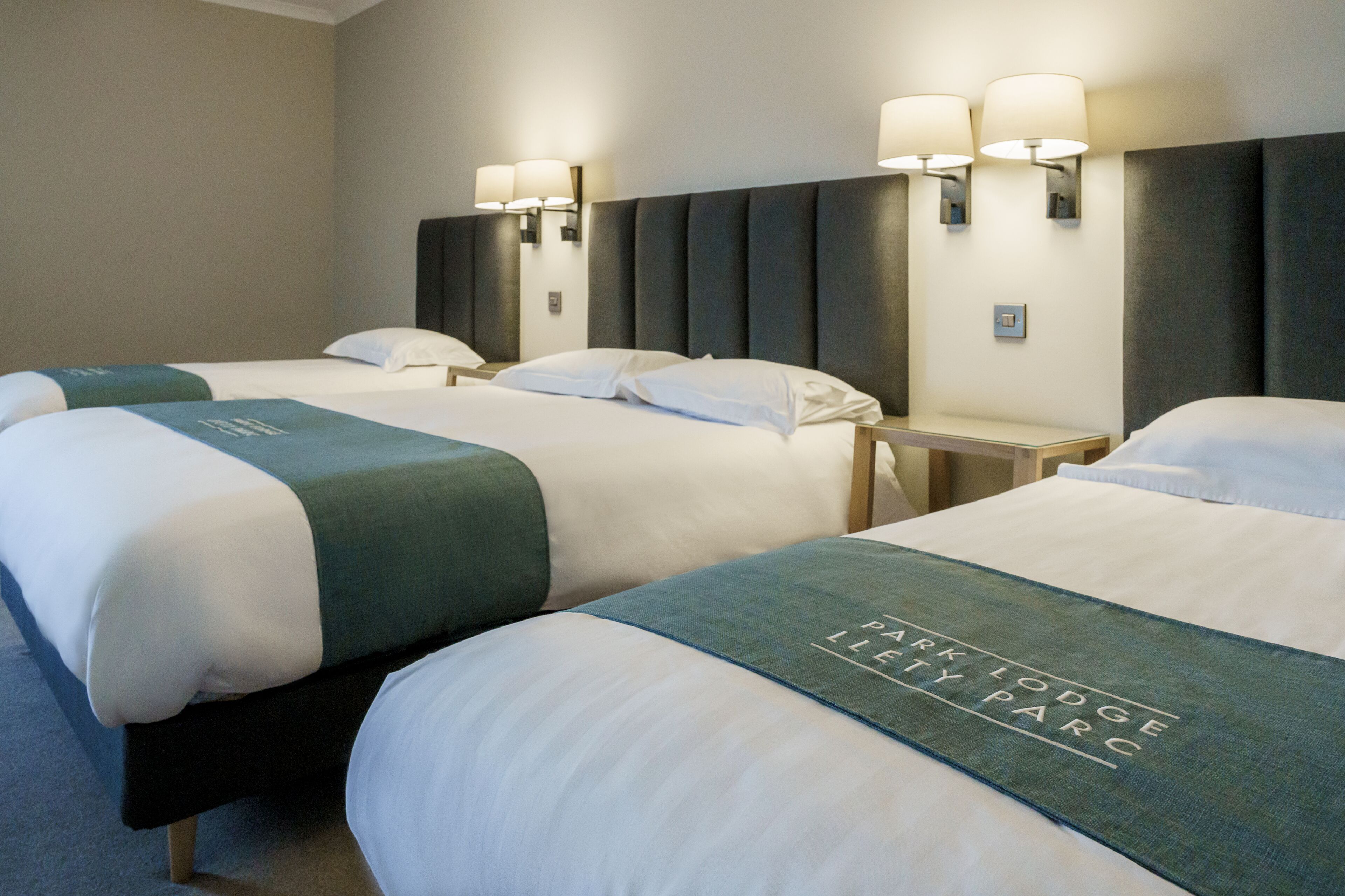 A hotel room with two beds, each with a headboard and bedside lamps.