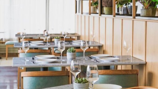 Un restaurante con mesas de madera y sillas con cojines verdes, dispuesto en un espacio amplio con vista al exterior.