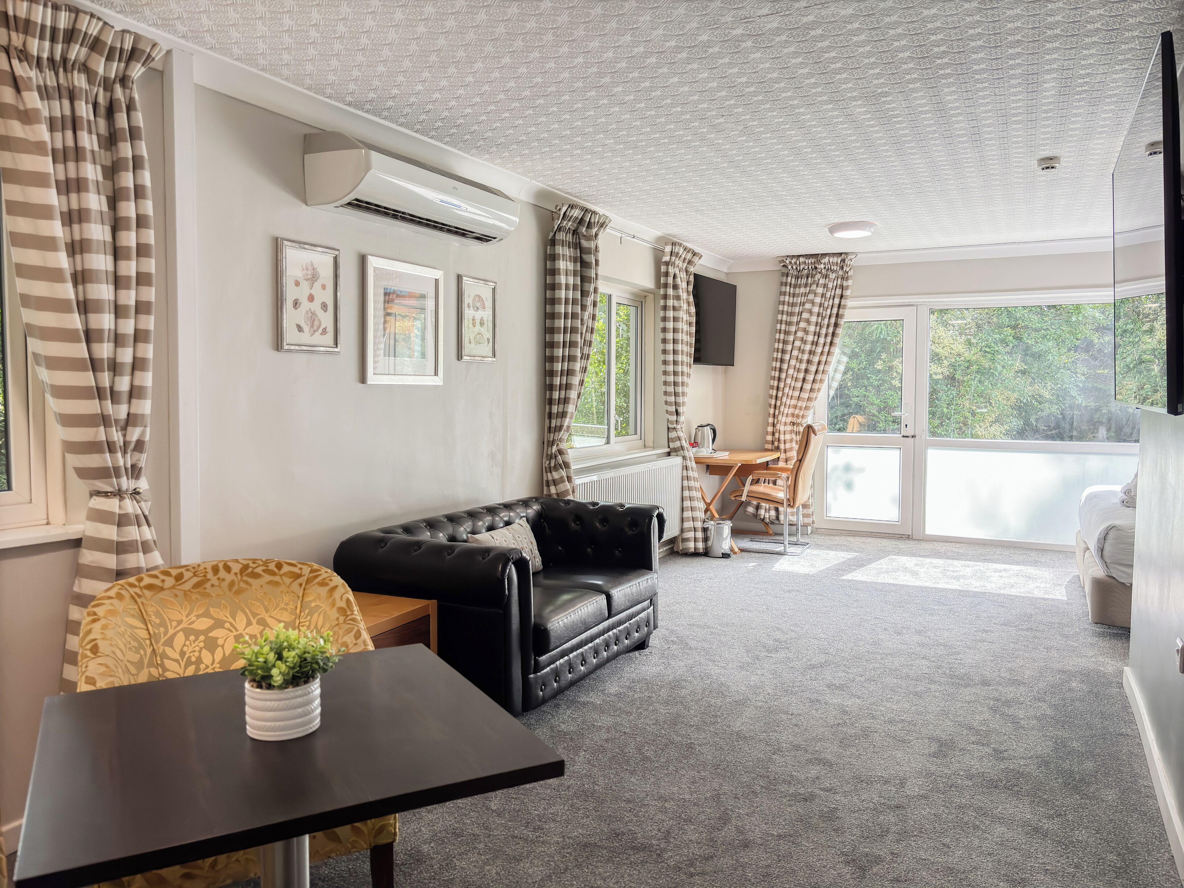 A modern living room with a leather sofa, a small table with a plant, and a dining area with a table and chairs.