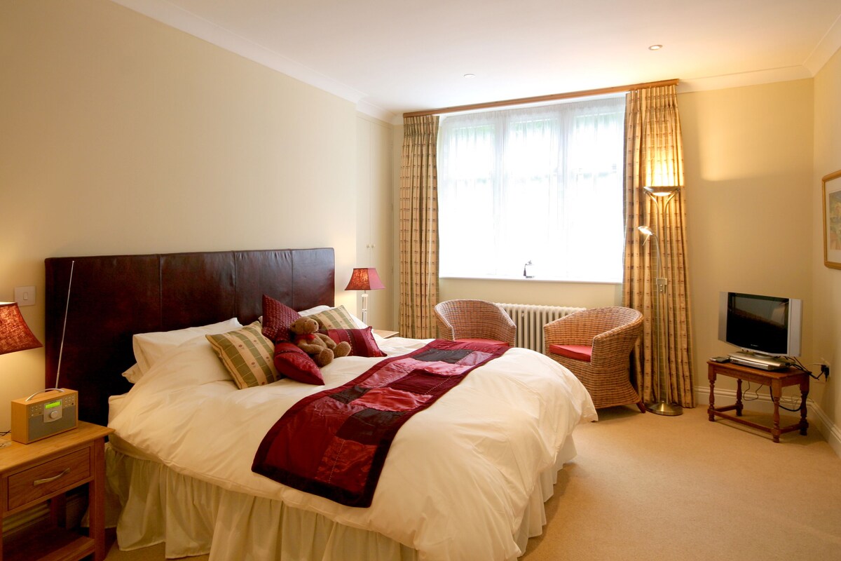 A neatly made bed with pillows and a blanket, a chair, a bedside table with a lamp, a television, and a window with curtains.