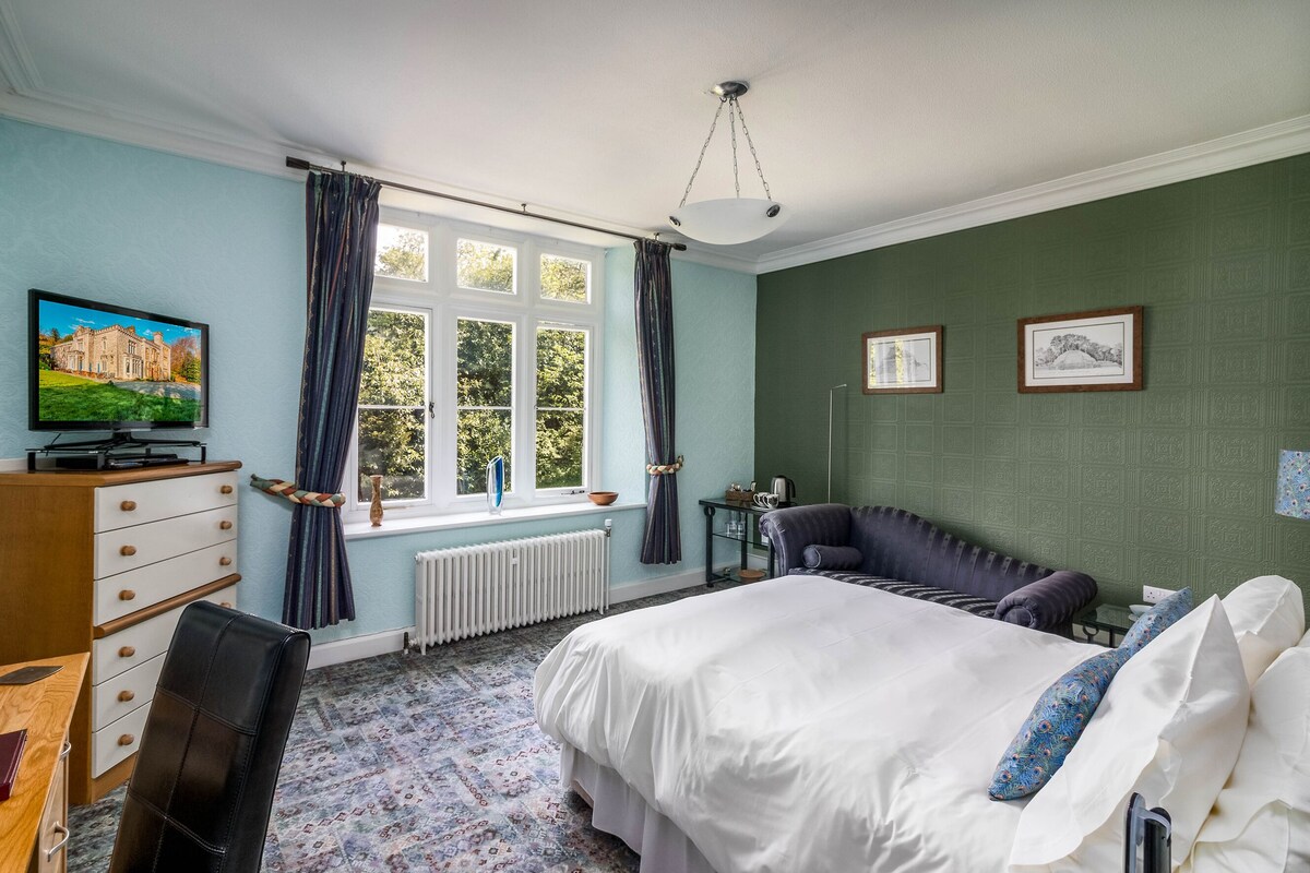 A bedroom with a bed, a desk, a chair, a television, and a window with curtains.