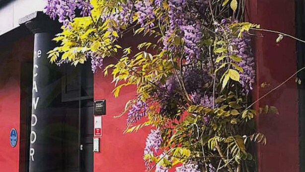 A building facade with a red wall and a black door labeled "CANDOR." - The Cawdor (Llandeilo)