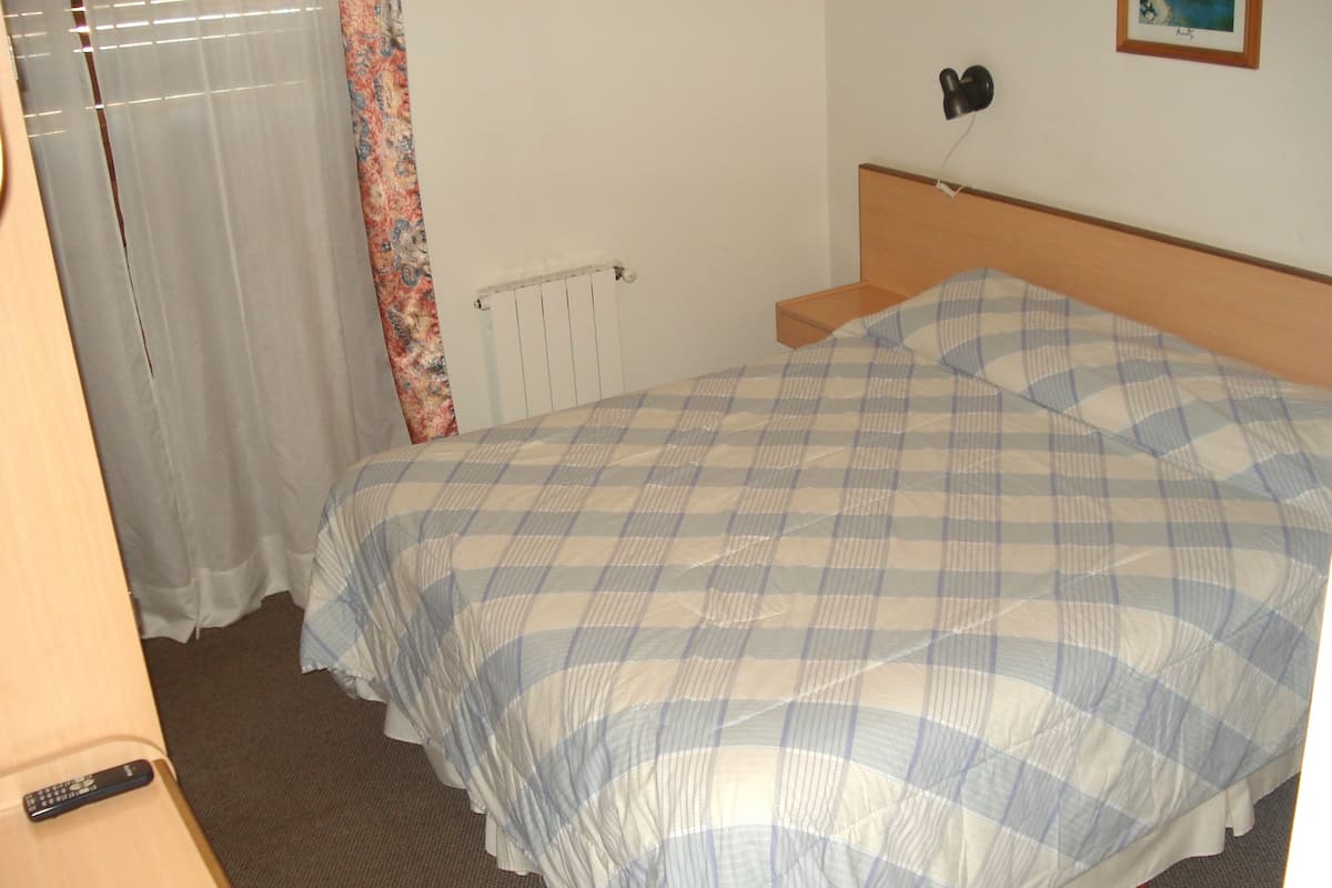 Une chambre d’hôtel avec un lit, une table de chevet, une télécommande et un radiateur.