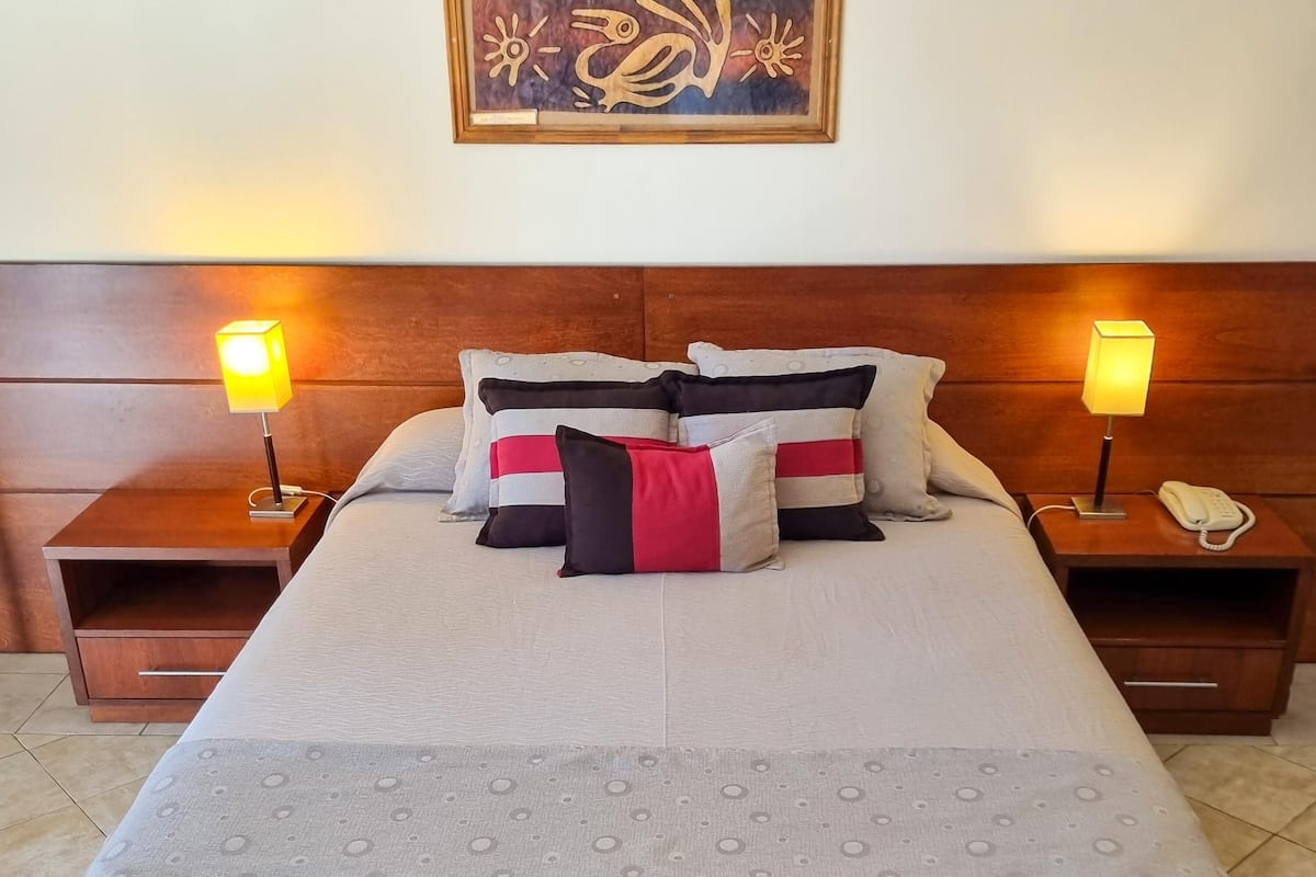 Una cama bien hecha con una colcha estampada y almohadas, dos mesitas de noche con lámparas y una obra de arte enmarcada en la pared.
