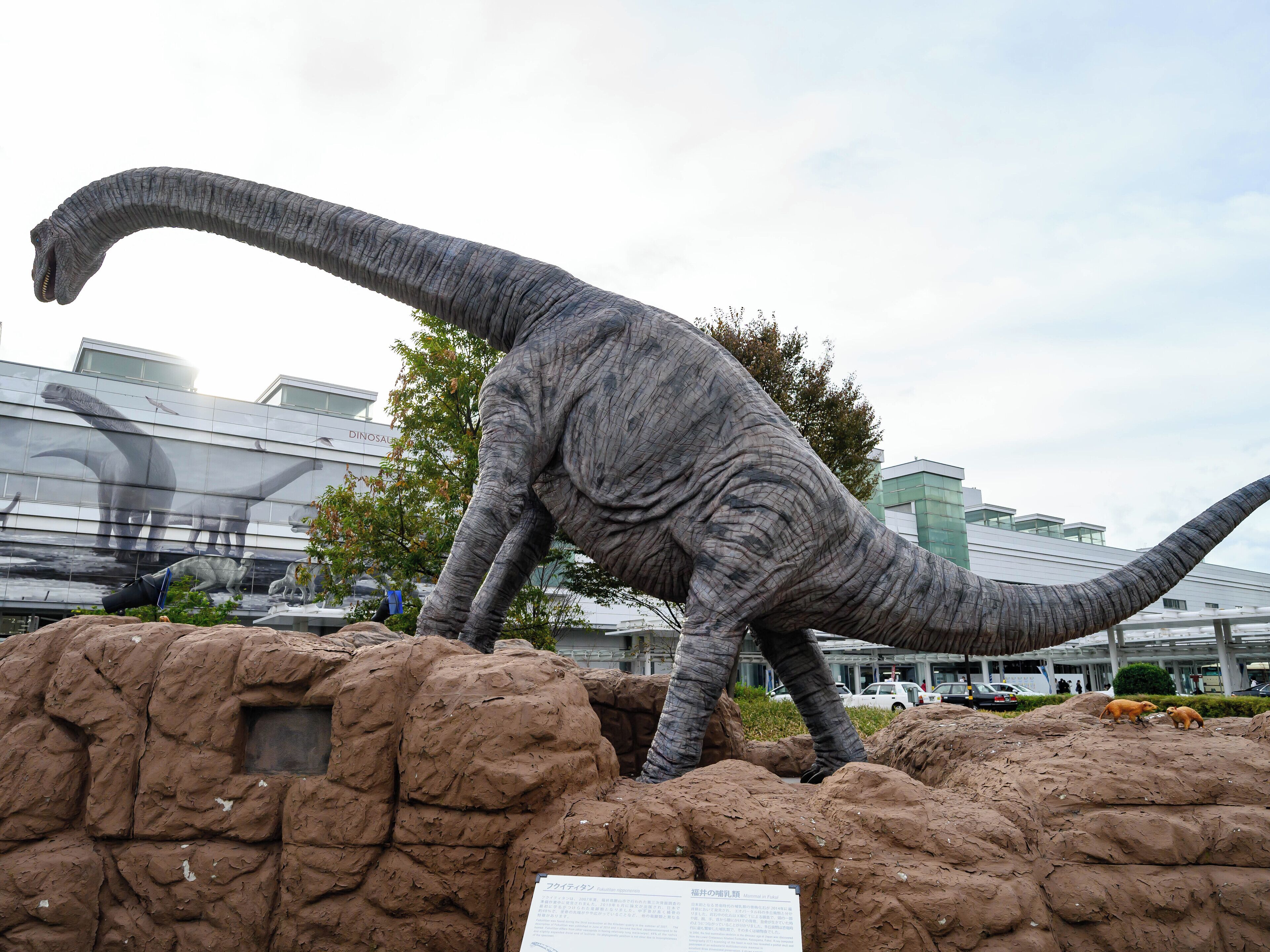 Una exhibición de dinosaurios con un modelo grande de dinosaurio, terreno rocoso y un edificio con fachada de vidrio al fondo.