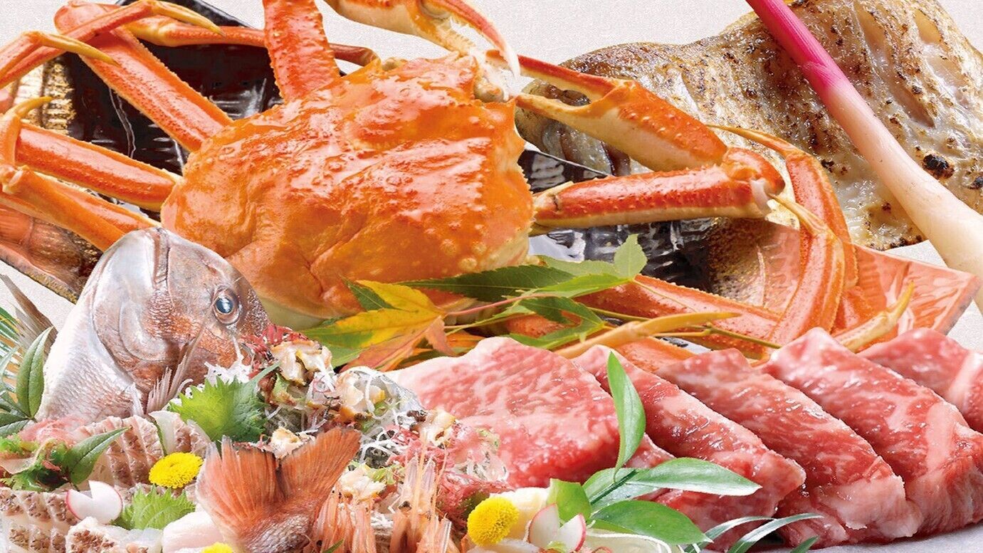 A seafood platter with crab, fish, and various meats.