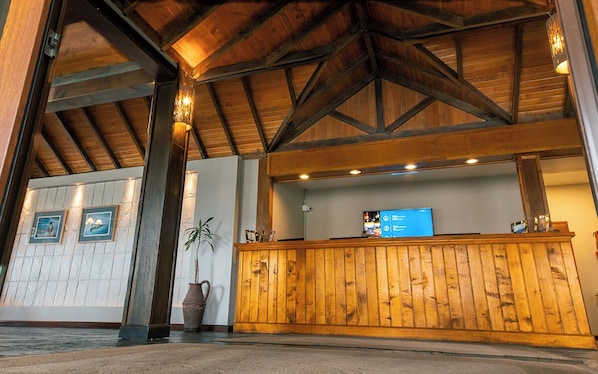 Una zona de recepción con un mostrador de madera, cuadros en la pared y una planta en maceta.