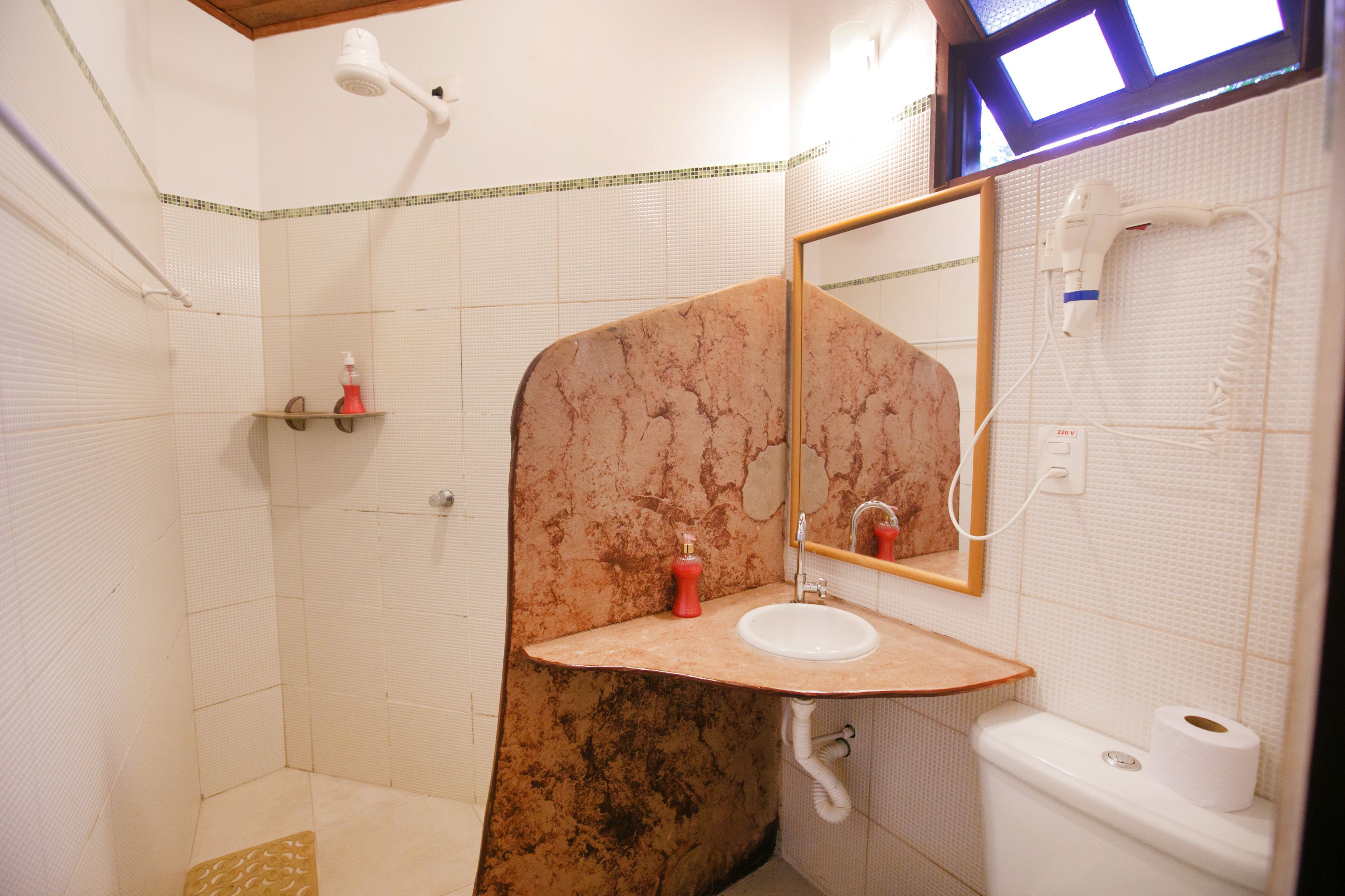 Un baño con lavabo de mármol, ducha de mano, inodoro y espejo.