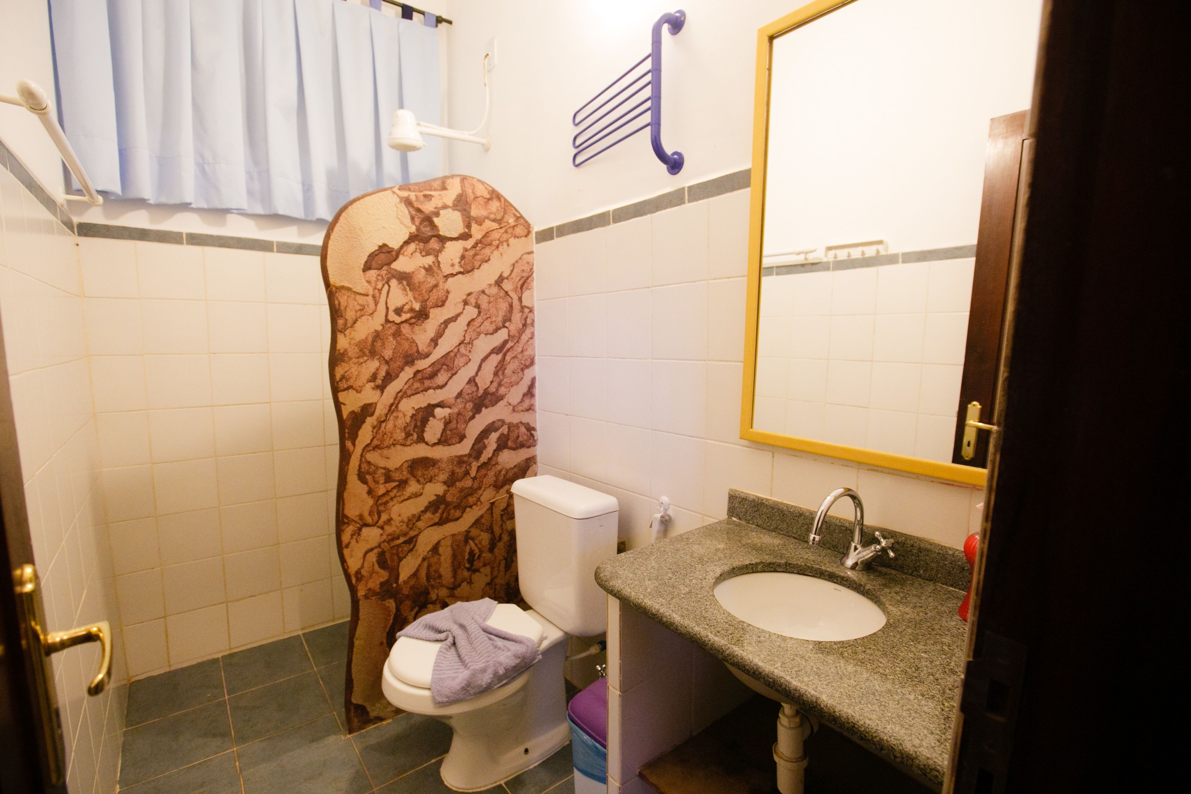 A bathroom with a marble-patterned shower curtain, a white toilet, a sink with a granite countertop, and a mirror with a gold frame.