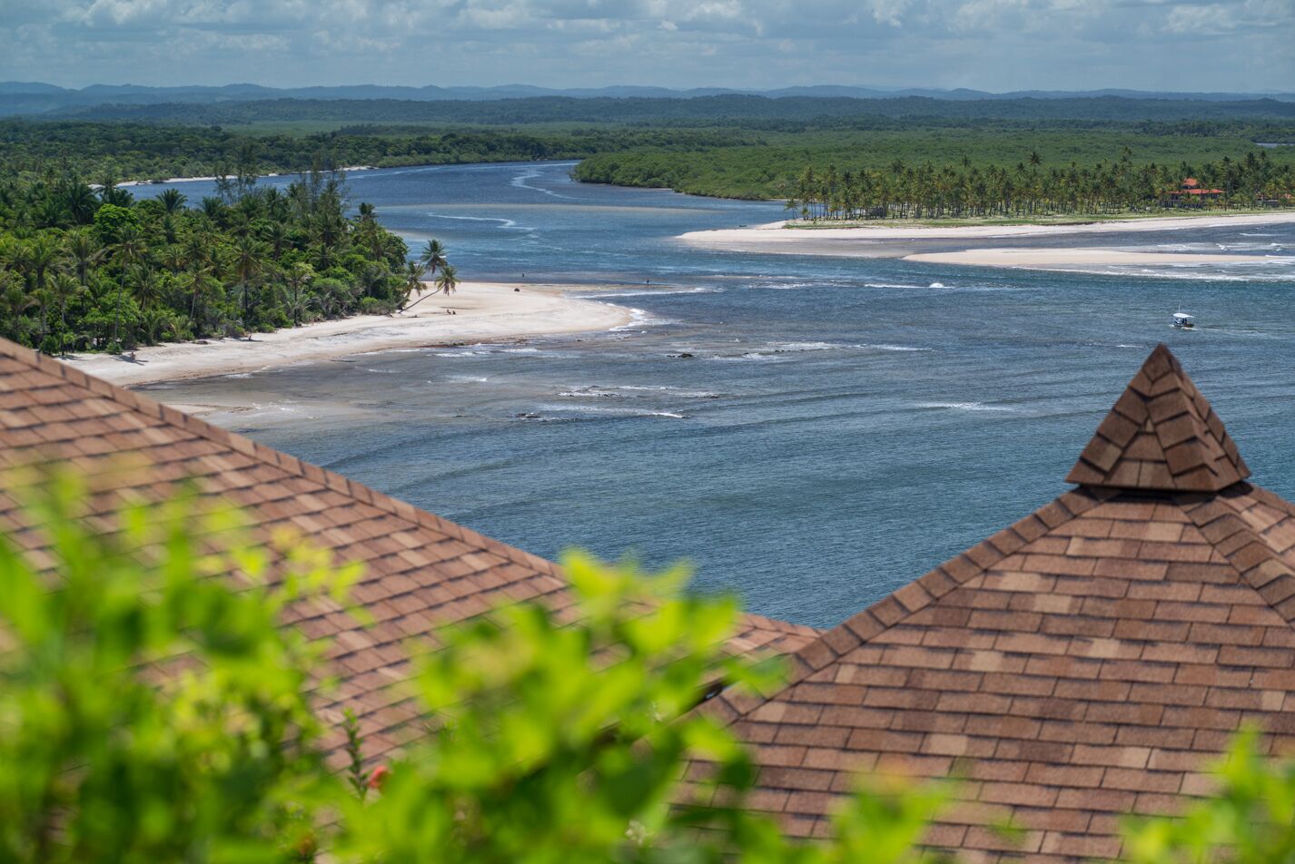 A coastal view with a river, beach, and forested area.