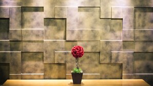 A potted red rose on a wooden table against a wall with geometric tile patterns. - Syros Hotel (Gama)