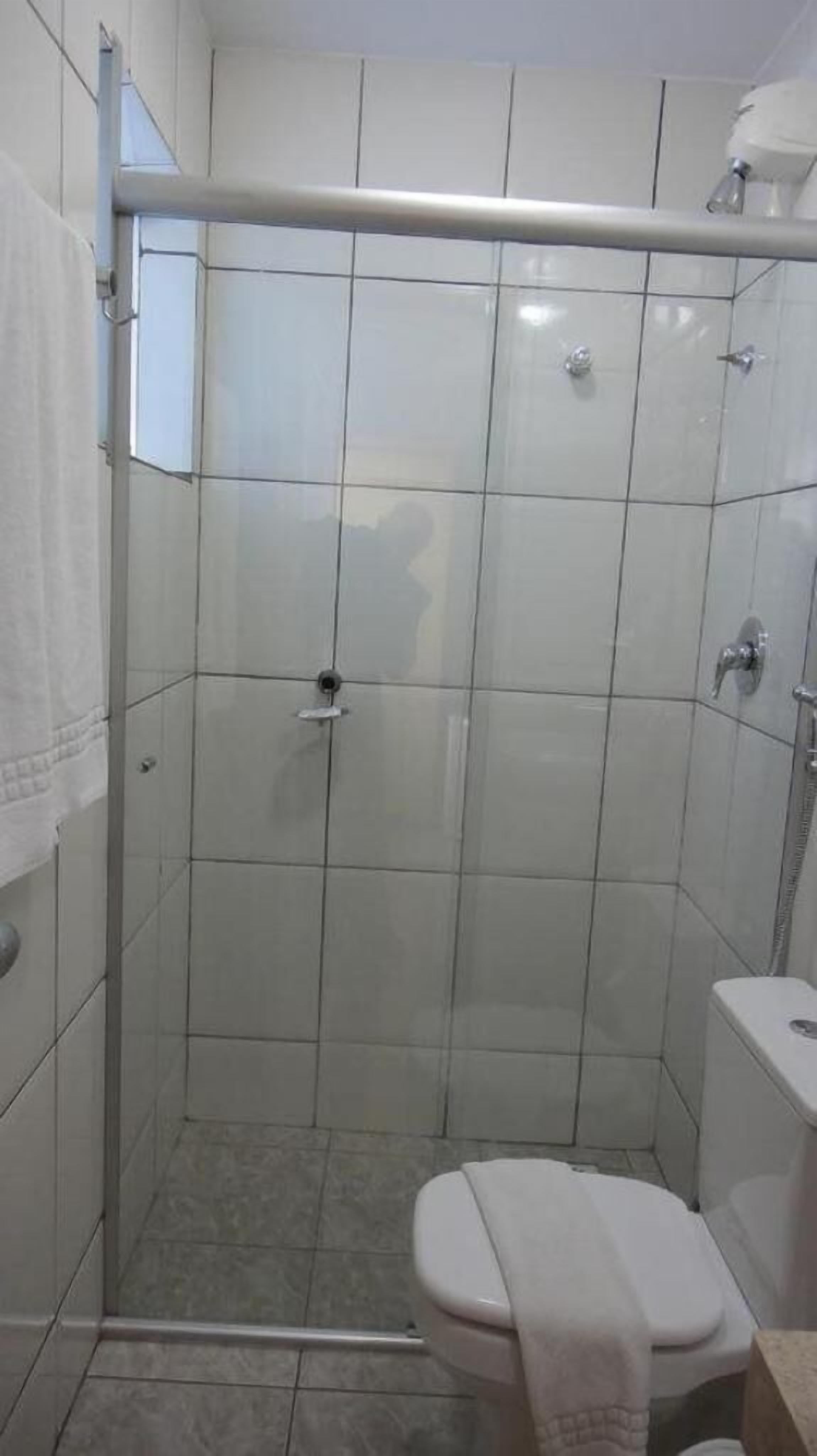A small, enclosed shower area with a glass door, a toilet, and a towel rack.