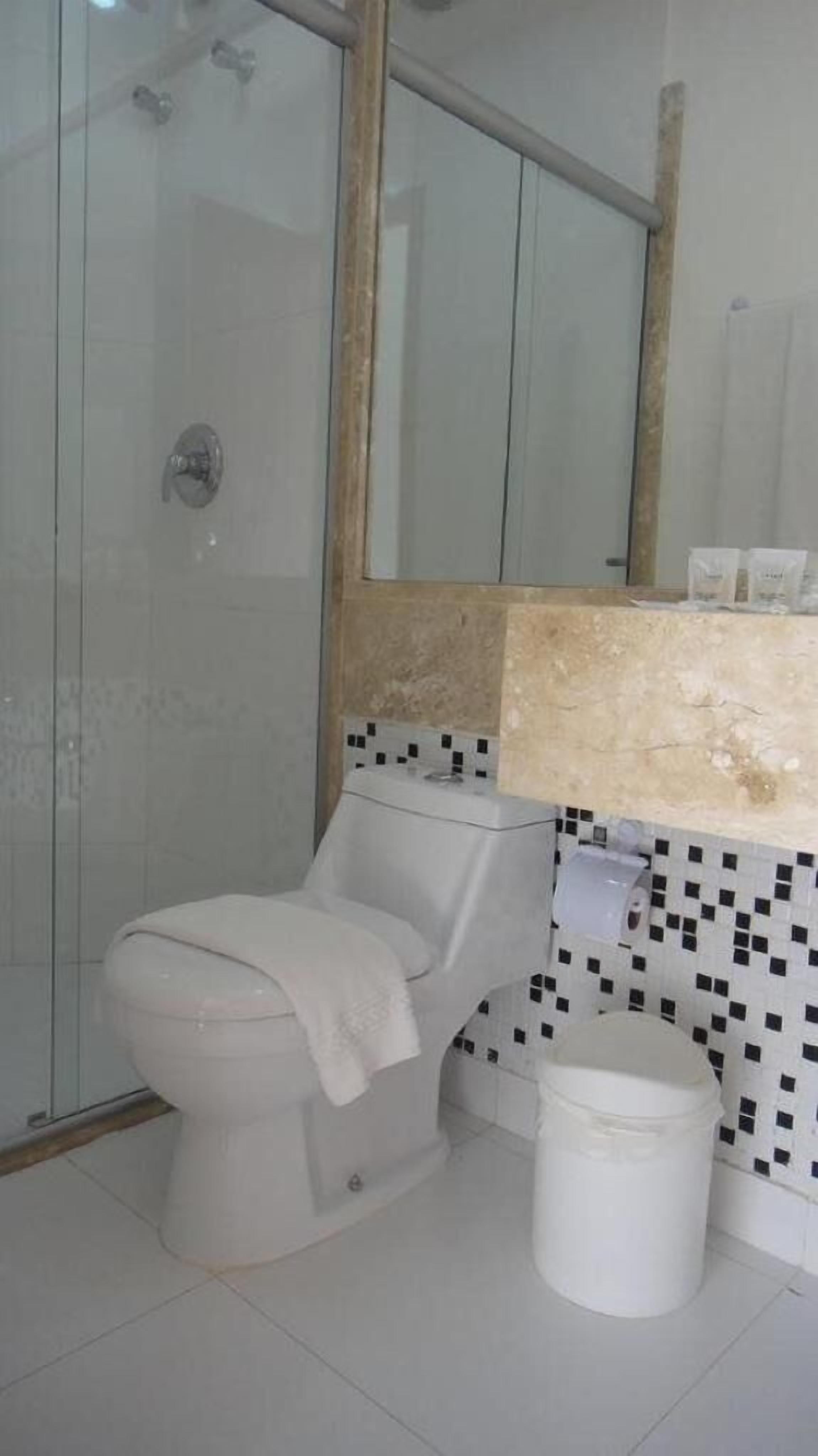 A bathroom with a toilet, a shower, and a tiled wall with a mirror above the sink.