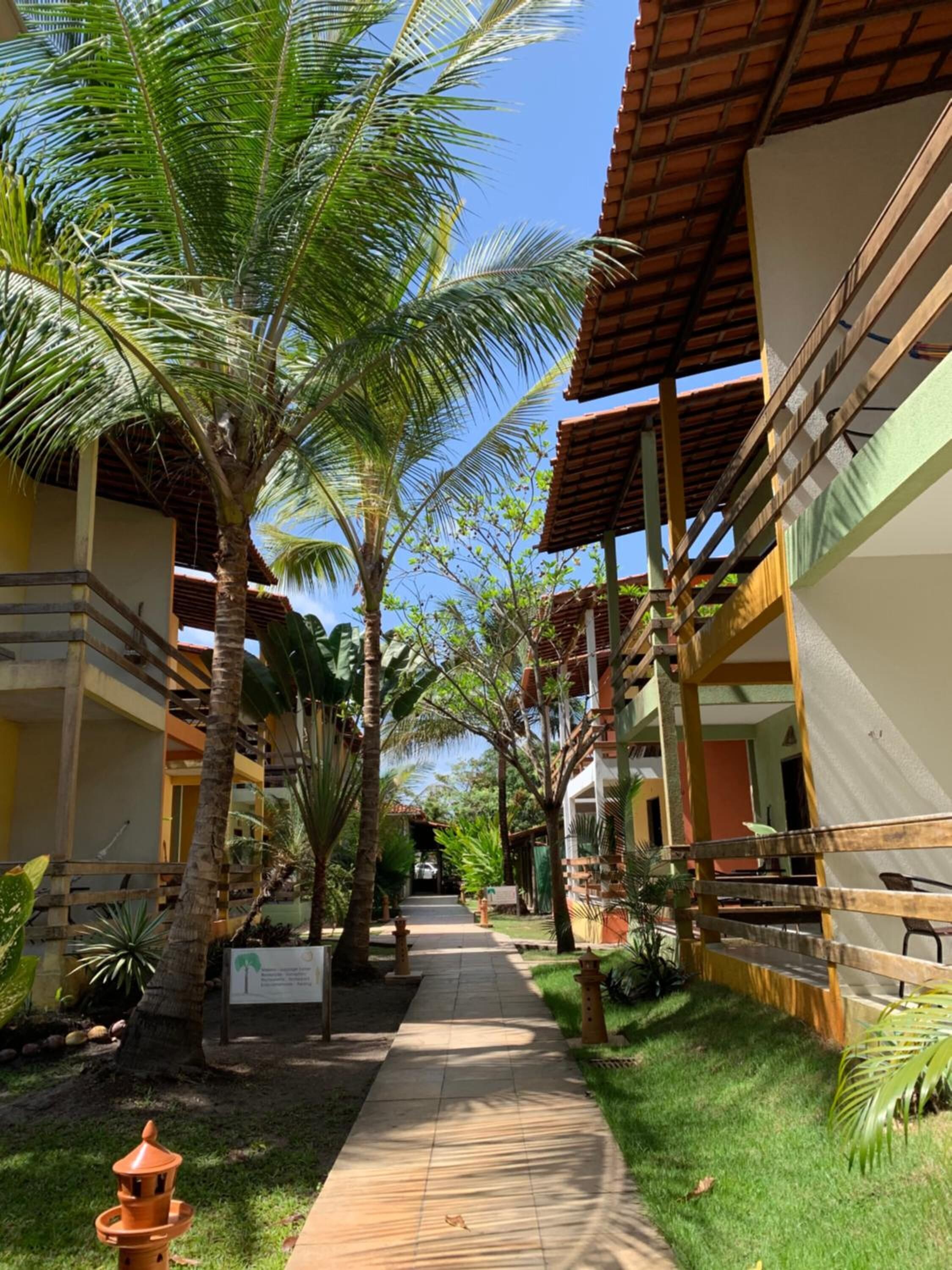 A pathway flanked by palm trees and buildings with a tiled roof and a signboard.
