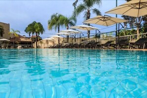 Une piscine entourée de chaises longues et de parasols, bordée de palmiers et surplombée d’un ciel dégagé.