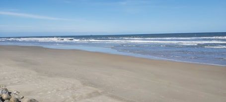 En la playa, sillas reclinables de playa, sombrillas, windsurf