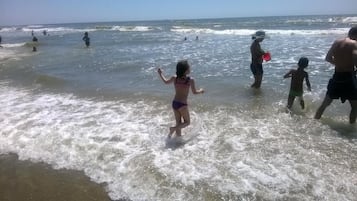 Une scène de plage avec des personnes dans l’eau et sur le rivage.