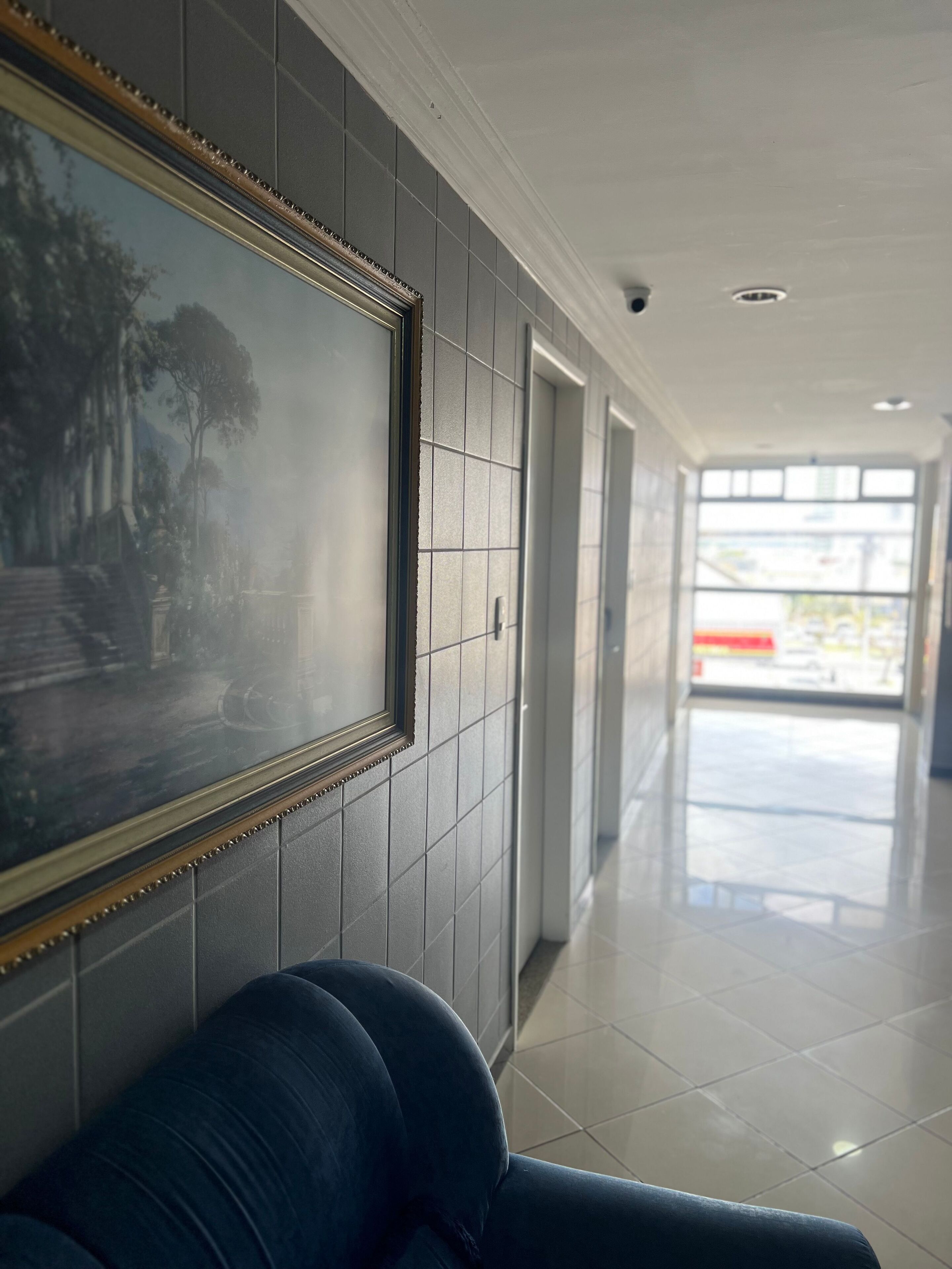 Un pasillo con un cuadro enmarcado en la pared, un sofá azul y vistas a un edificio.