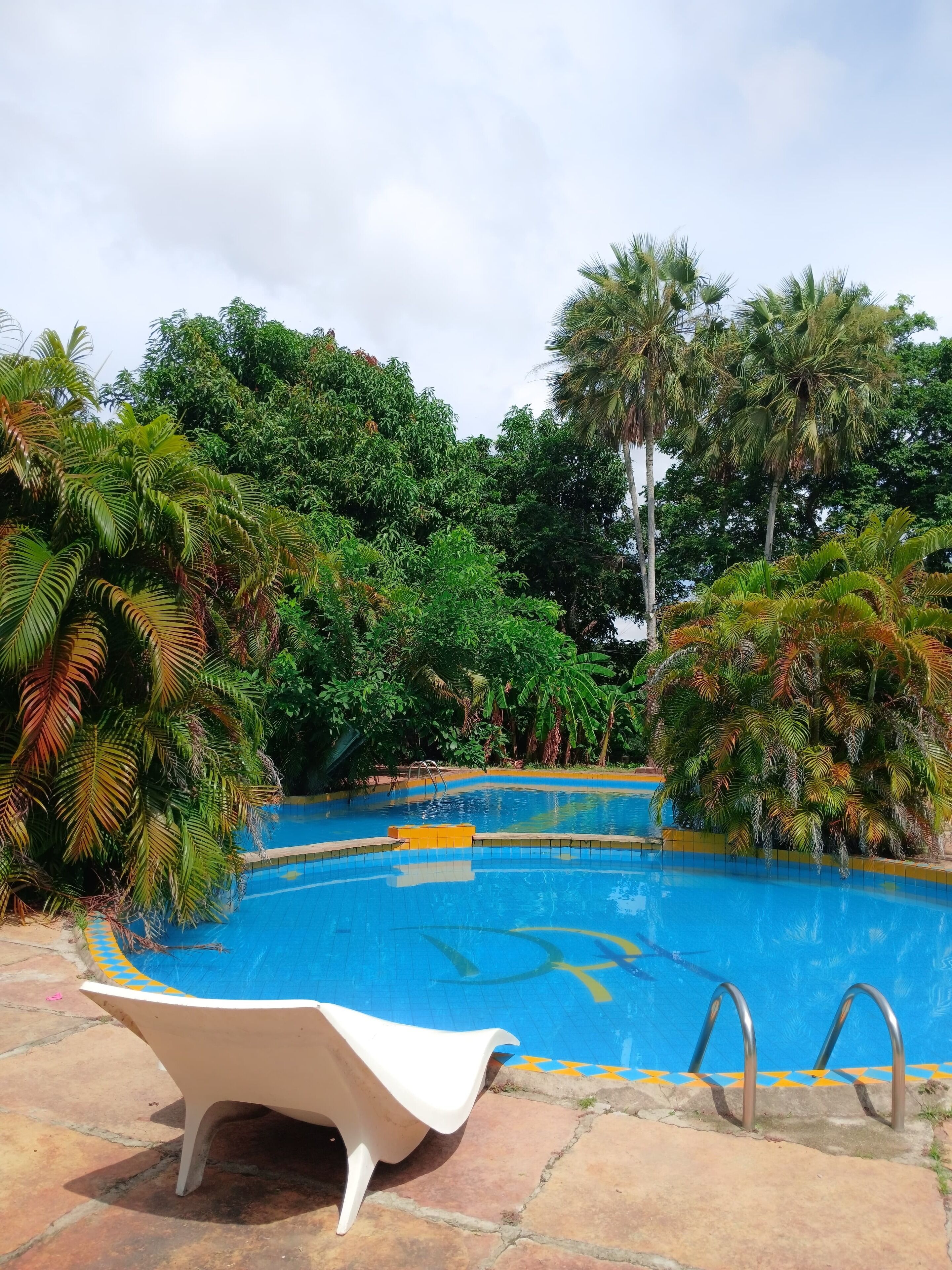 A swimming pool with a white lounge chair and metal pool ladder.