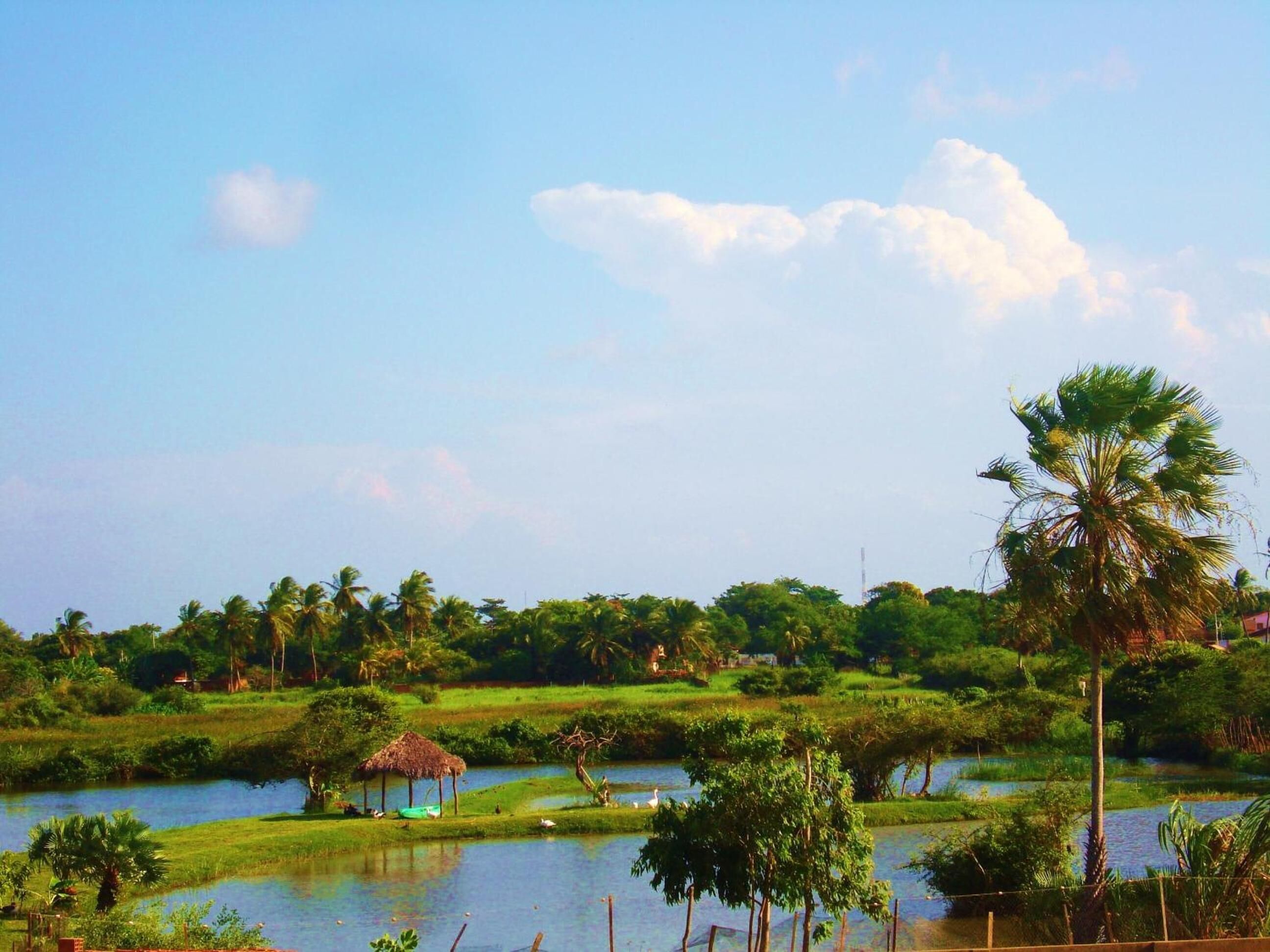 A serene landscape with a water body, lush greenery, and a thatched-roof structure.