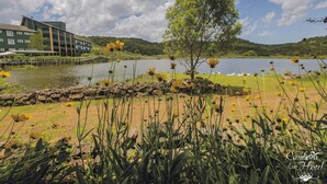 Un hotel con vistas a un lago, rodeado de vegetación y flores.