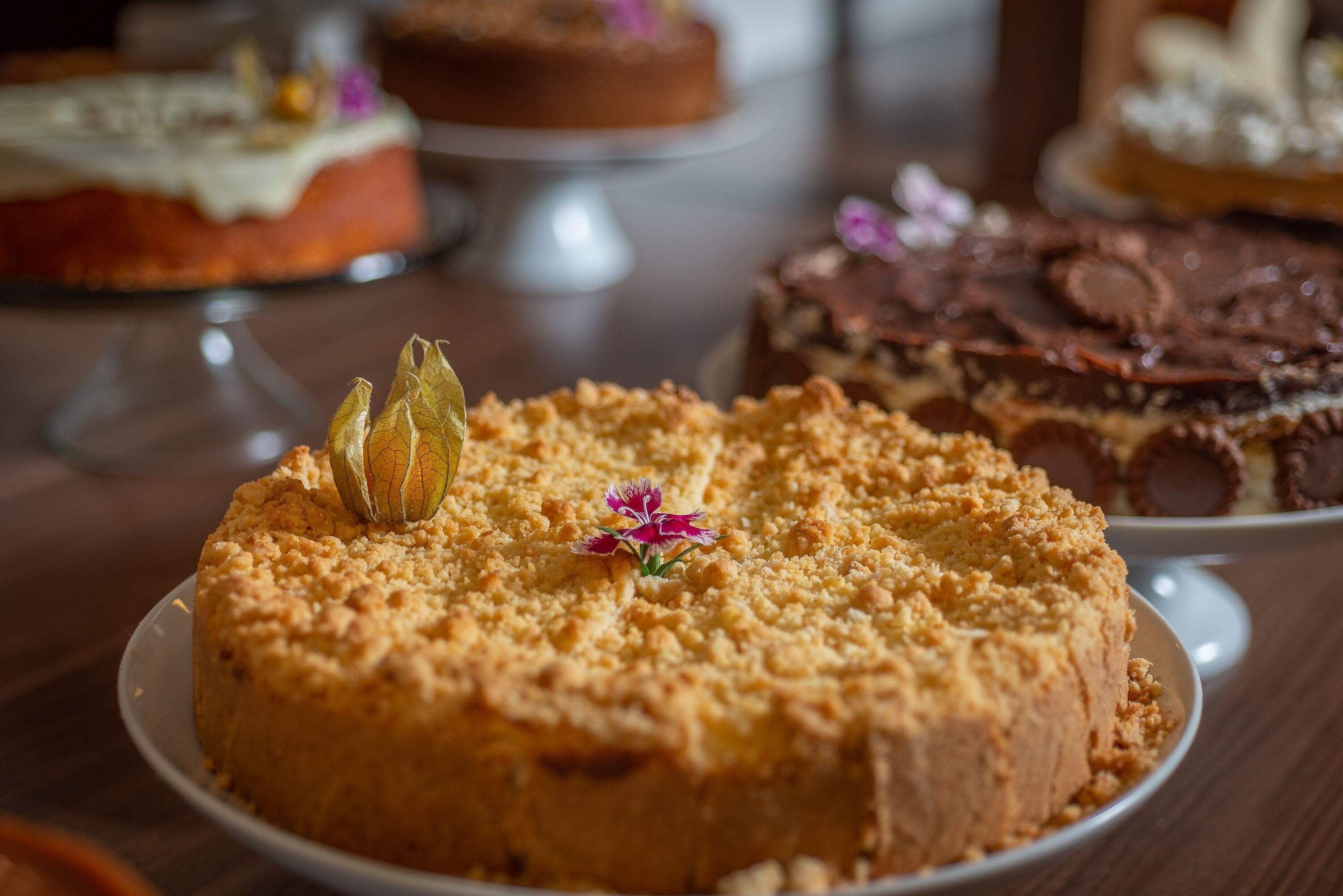 A round cake with a crumbly topping and a decorative flower on a white plate.