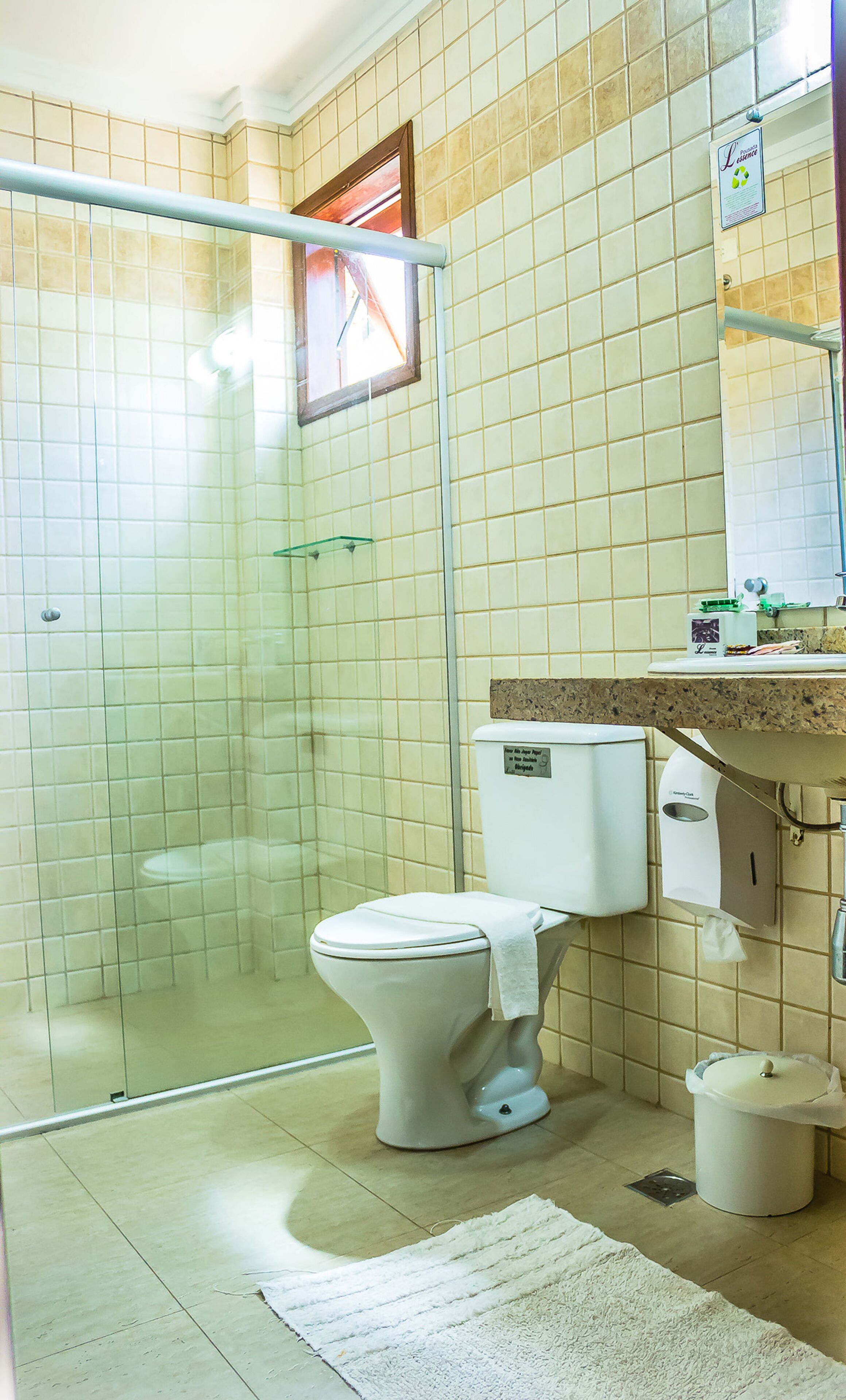 A bathroom with a toilet, a shower enclosure, a sink, and a mirror.
