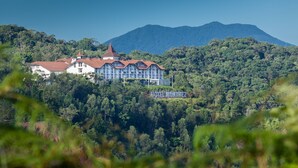 Un hotel grande de varios pisos con techo rojo, rodeado de un bosque denso y una montaña al fondo.