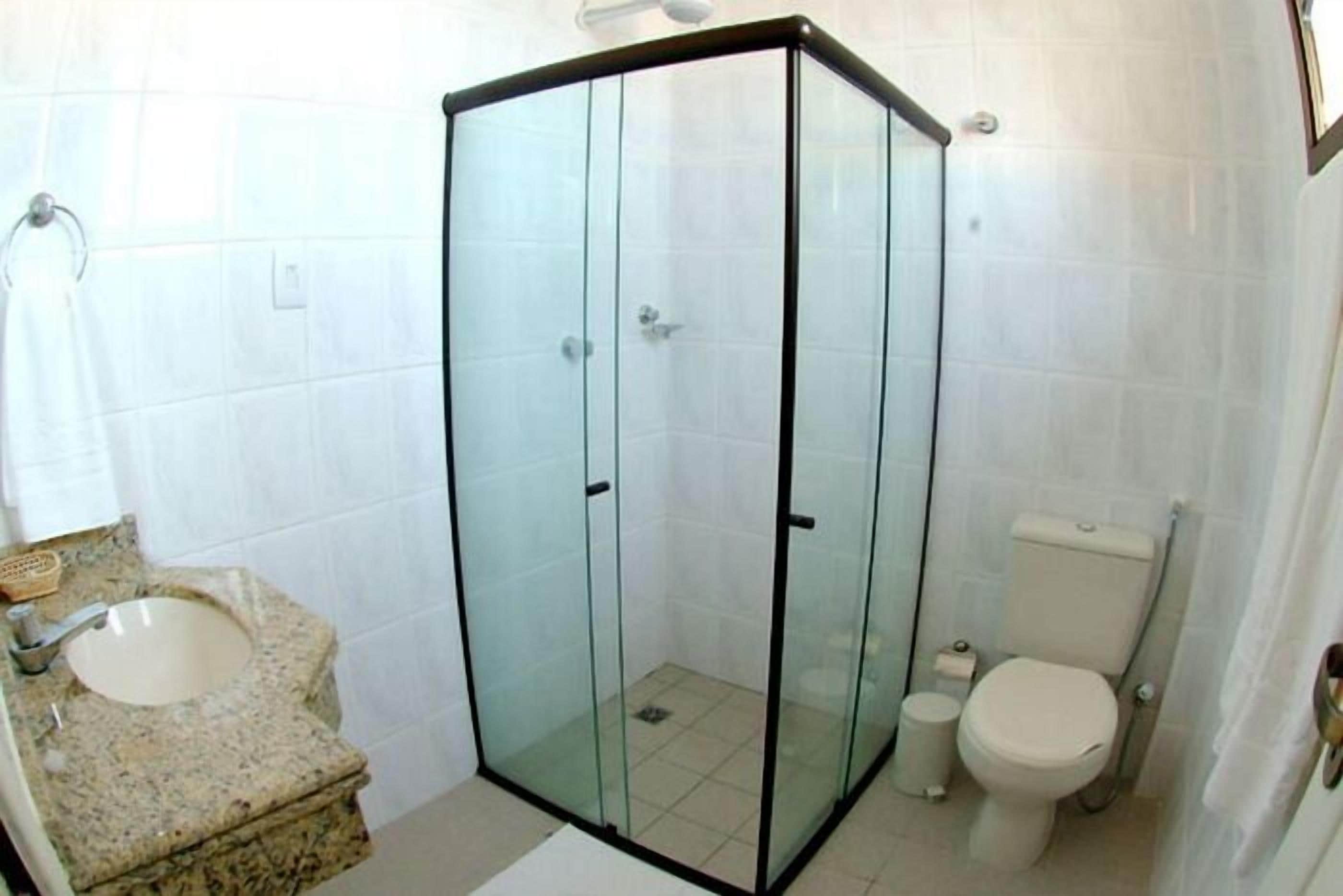 shower, free toiletries, hair dryer, towels