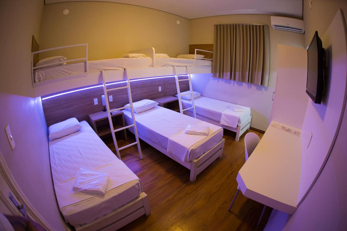 Ein Hotelzimmer mit Stockbetten, einem Schreibtisch und einer Klimaanlage.