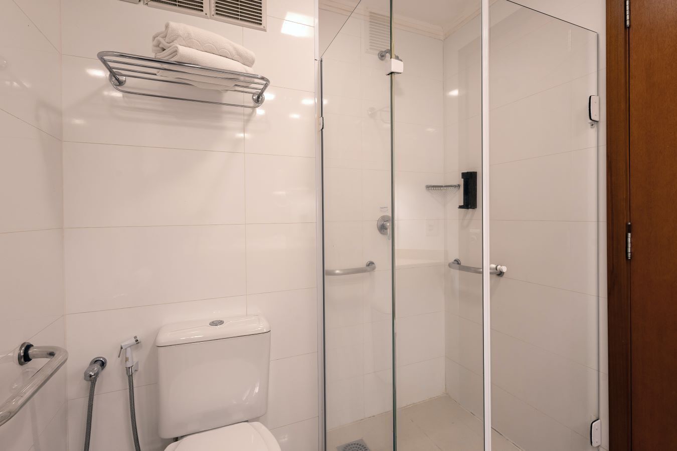A modern bathroom with a glass-enclosed shower, a toilet, and a towel rack.