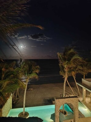 A nighttime view of a beachside resort with a pool area, palm trees, and a moonlit sky.