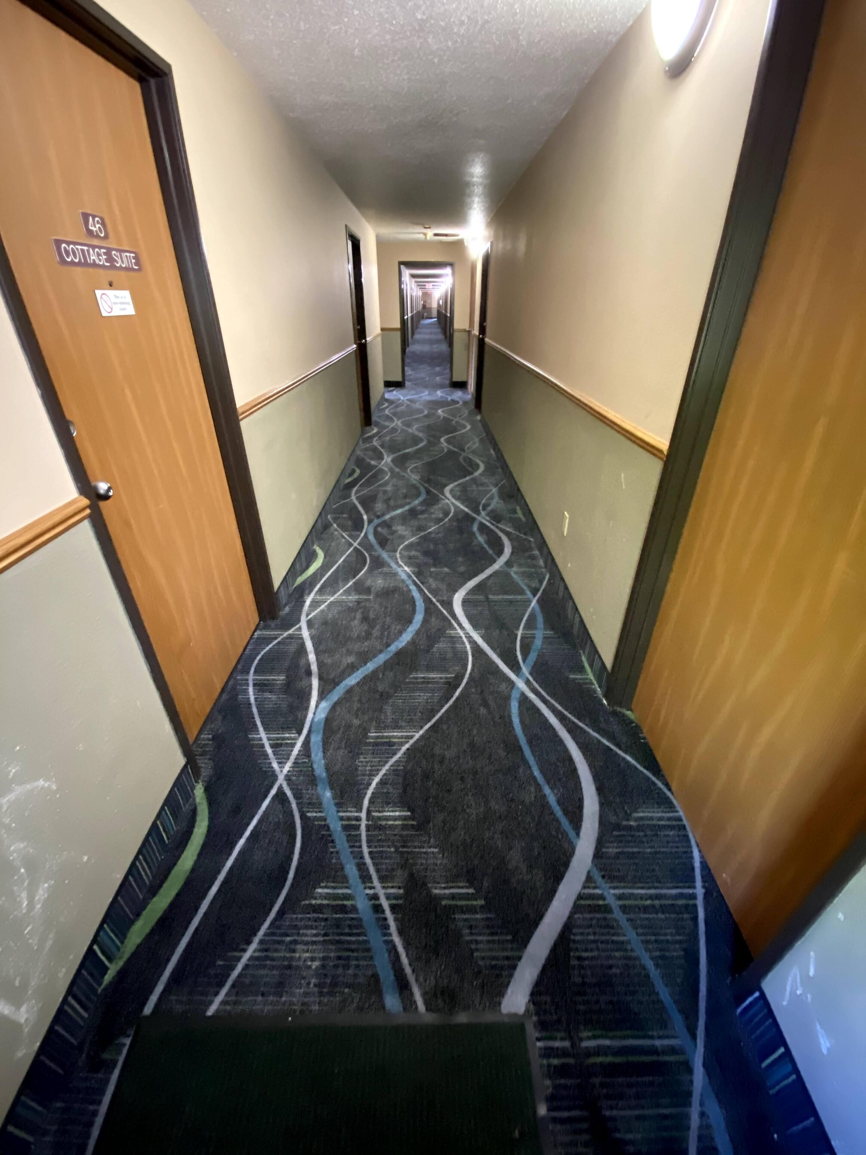 A hotel corridor with a patterned carpet, wooden doors, and a sign indicating a cottage suite.