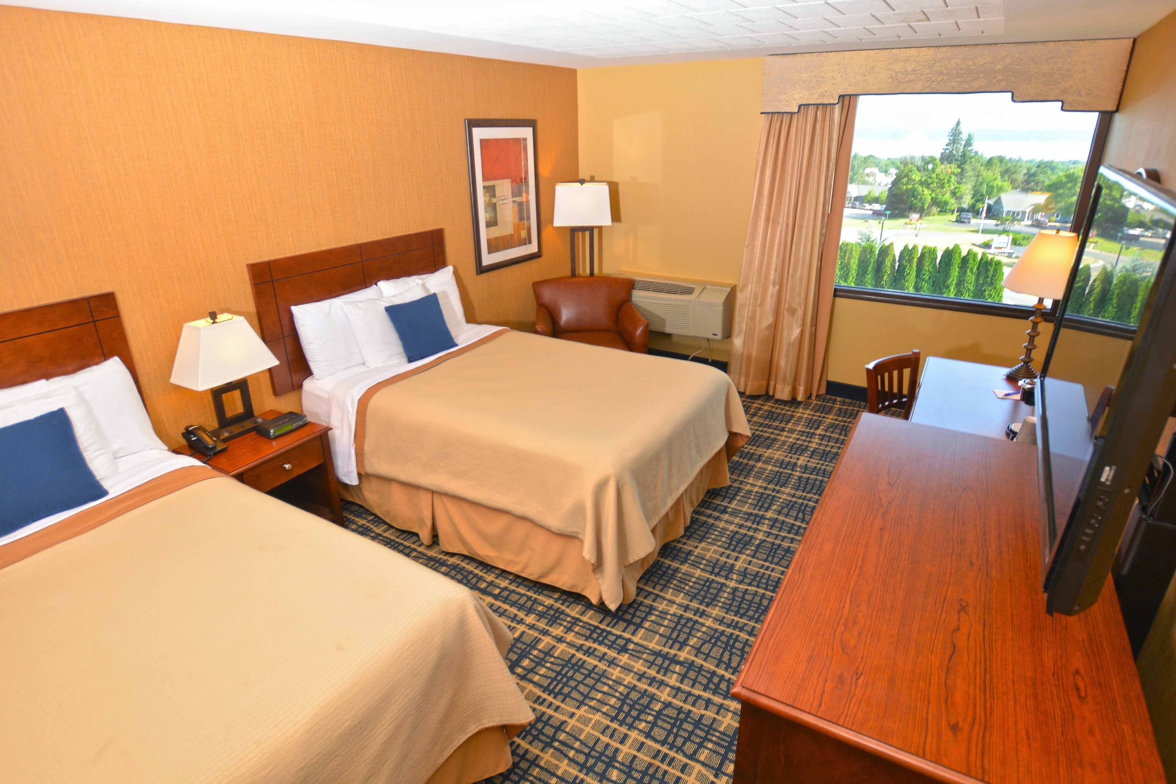 individually decorated, desk, laptop workspace, blackout curtains