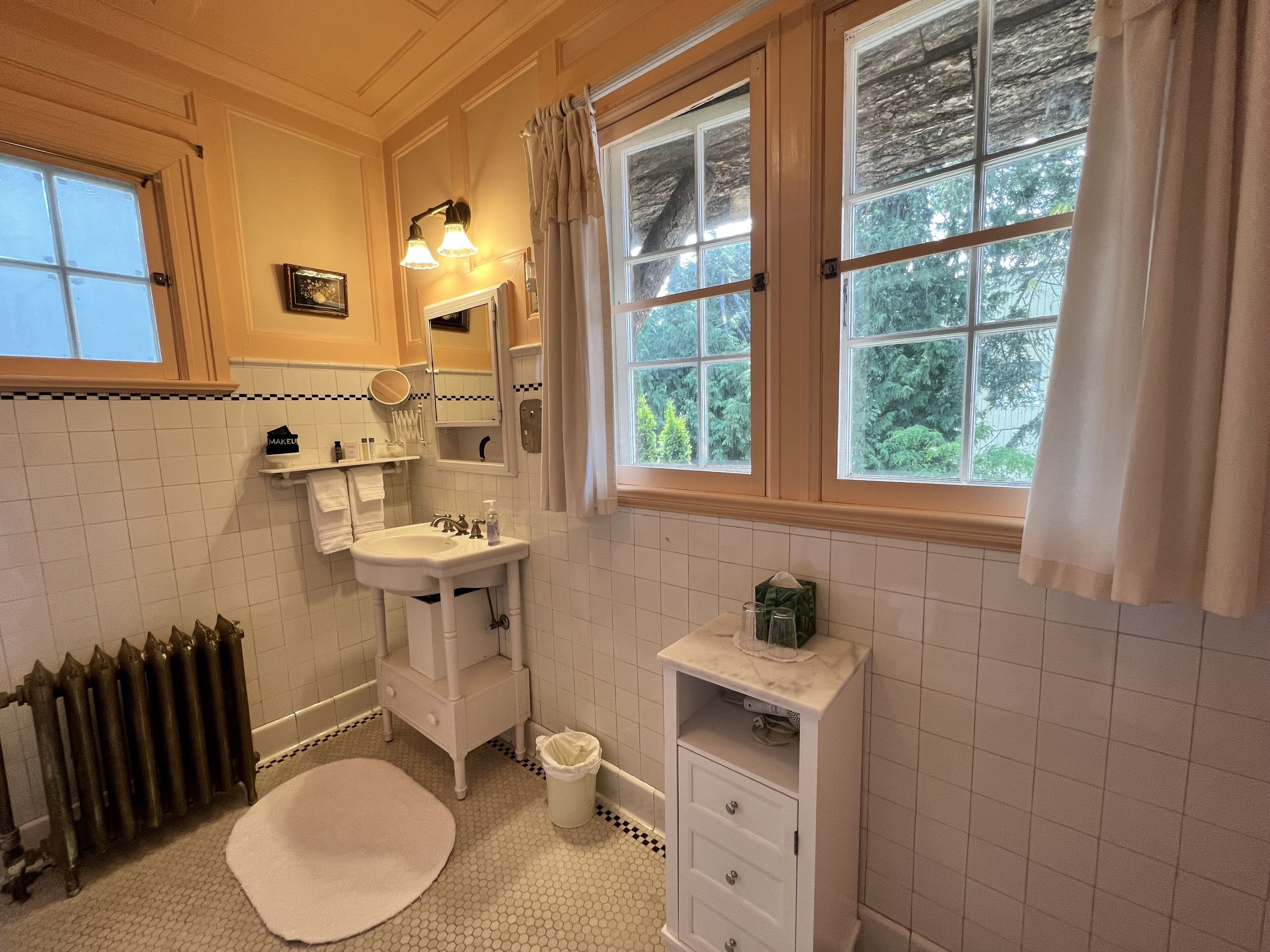 A bathroom with a white sink, vanity, and a window with curtains.