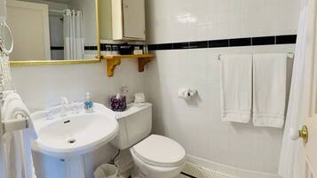 A bathroom with a white sink, a toilet, a mirror, and a shower curtain.