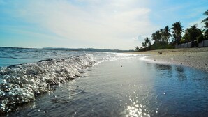 A beach with clear water, palm trees, and a distant shoreline. - Kav's Beach Resort (Zamboanguita)