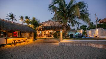 On the beach, sun-loungers, snorkelling, kayaking